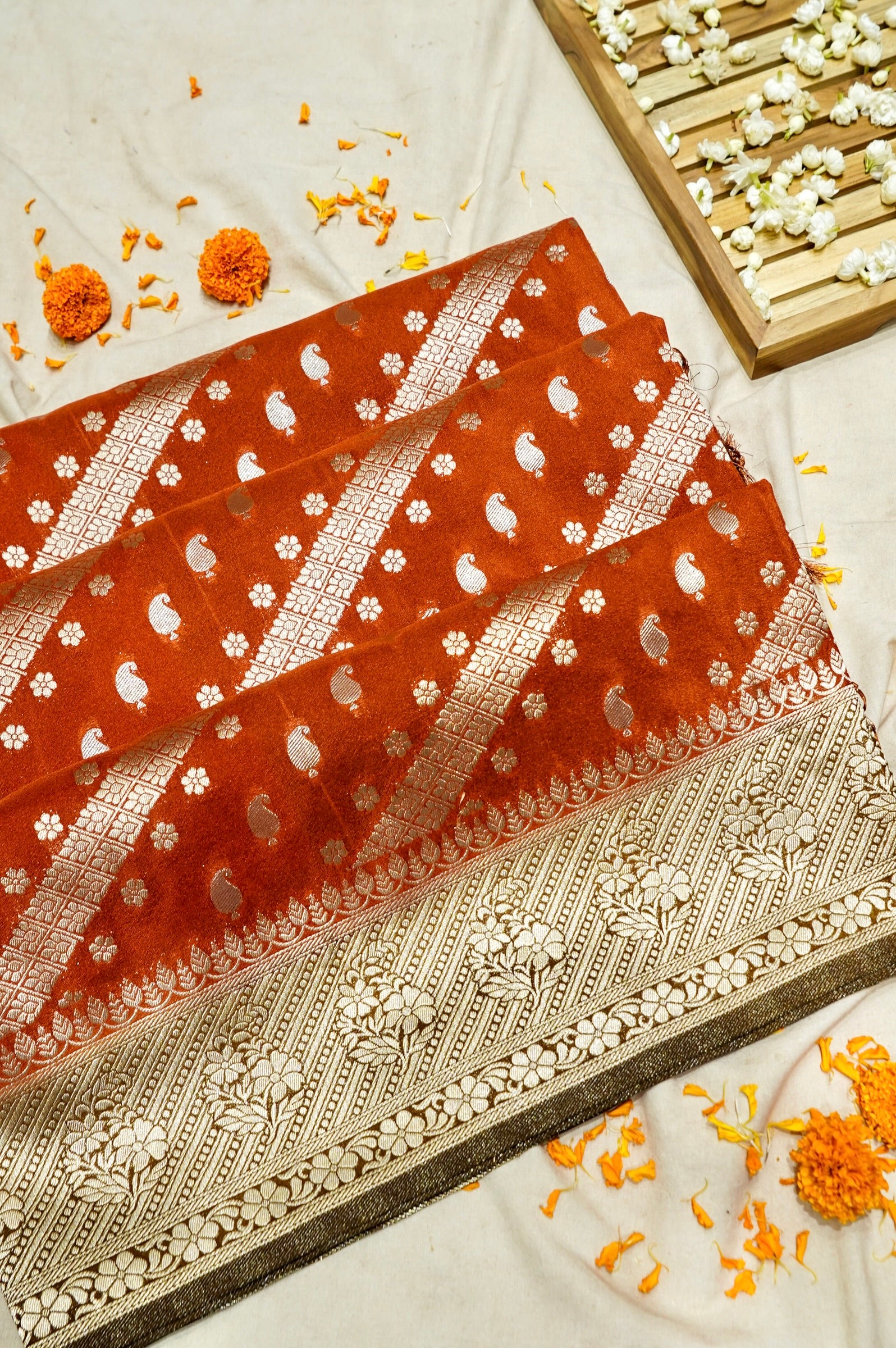 Rust Orange Paisley Crepe Georgette Silk Saree with Mustard Gold Border