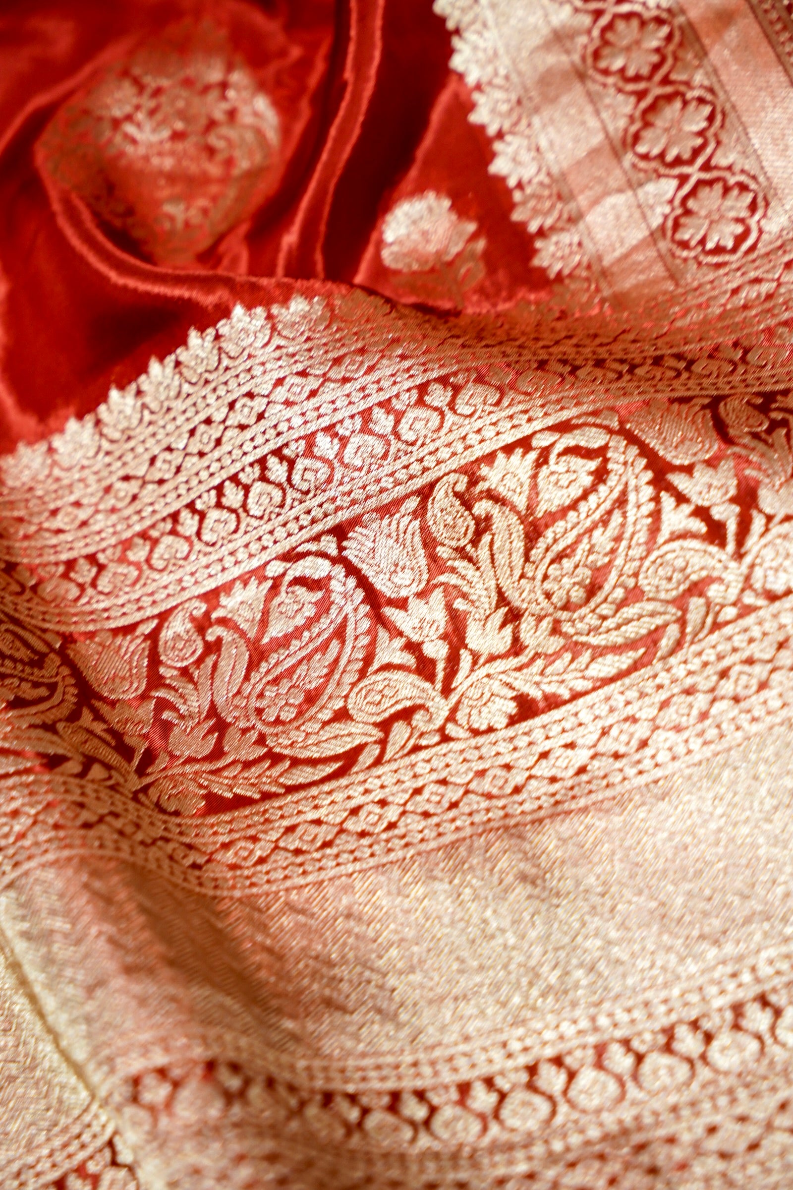 Crimson Red Mashru Silk Saree with Gold Zari Border