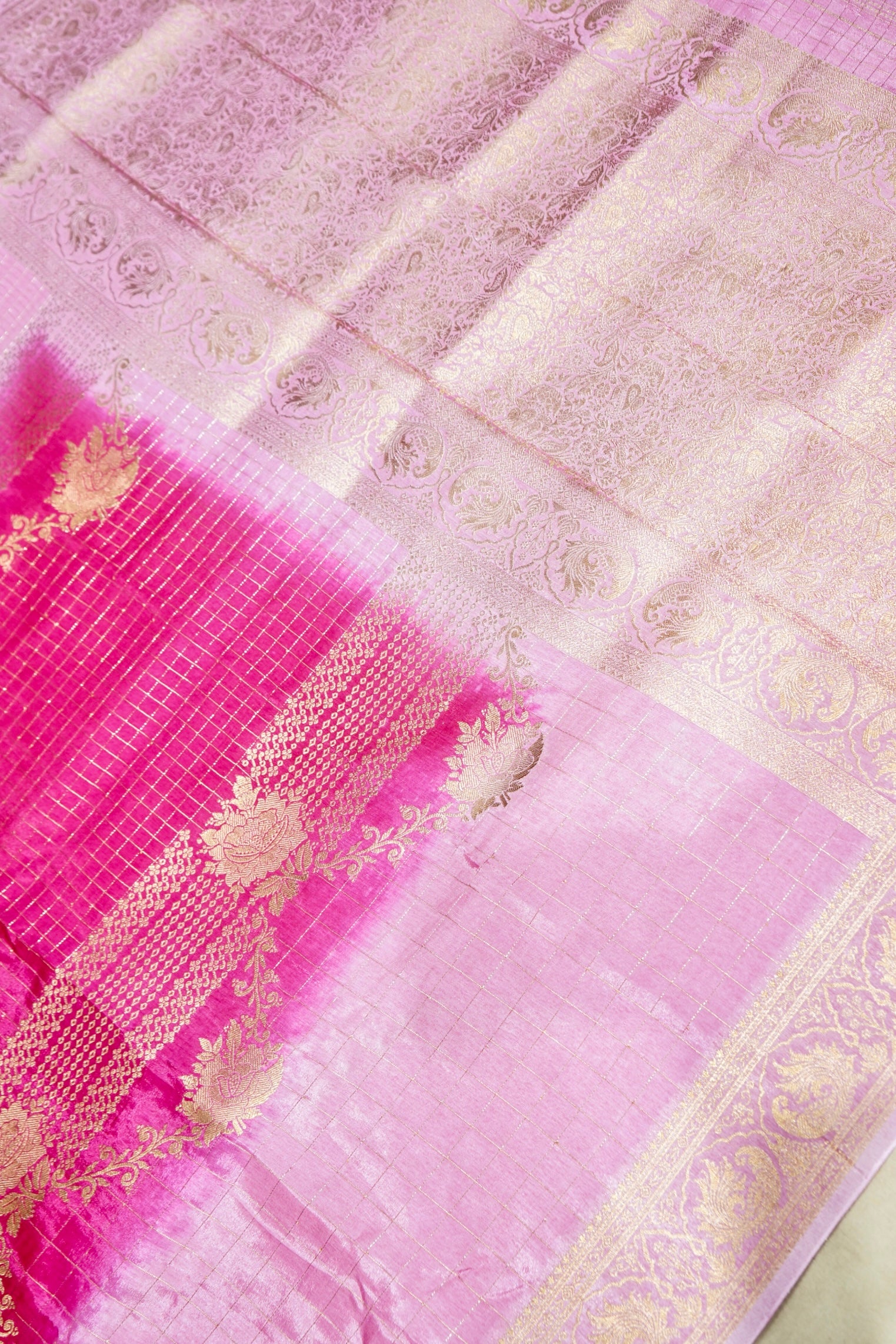 Blush Pink Dola Banarasi Silk Saree with Gold Zari Border
