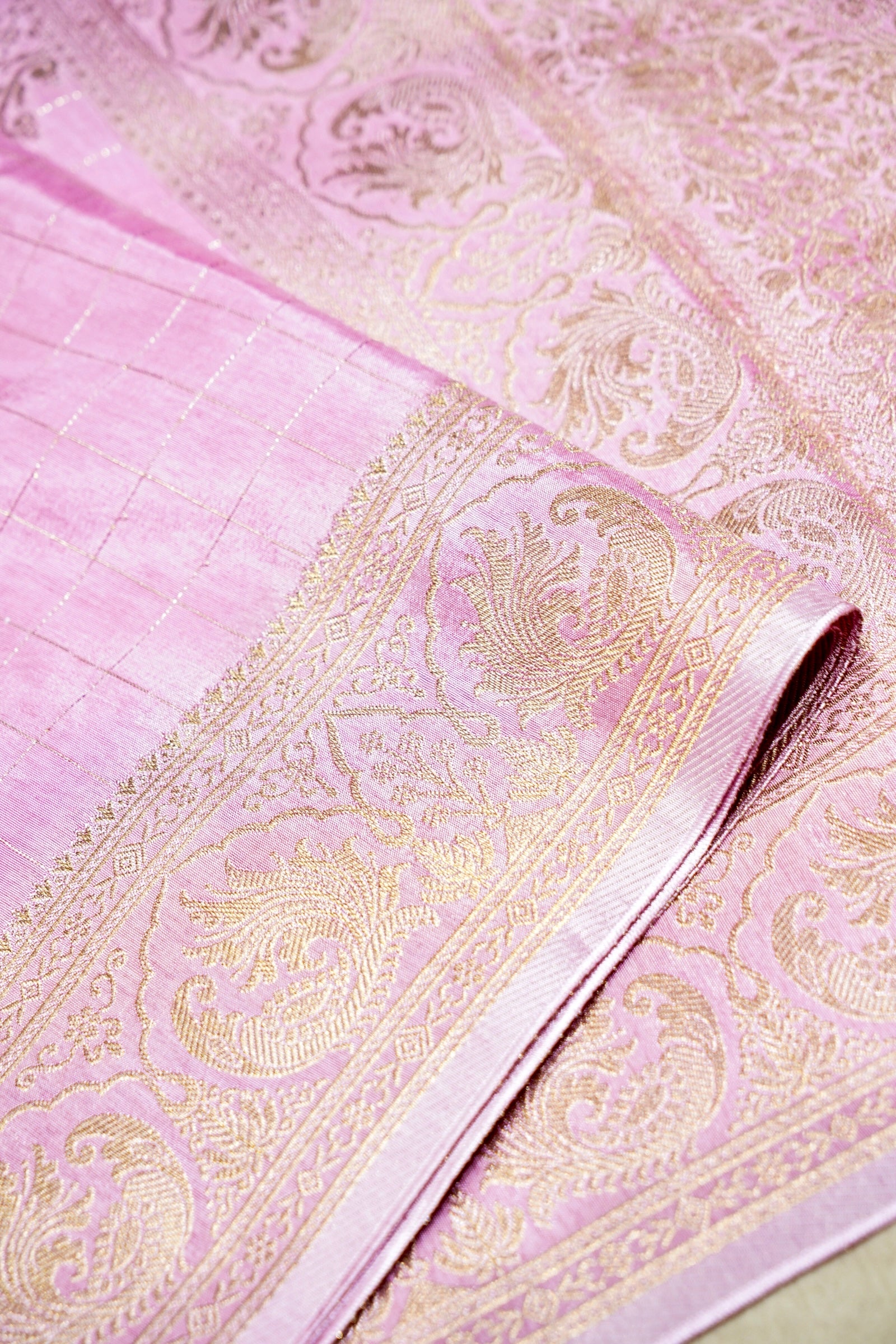 Blush Pink Dola Banarasi Silk Saree with Gold Zari Border