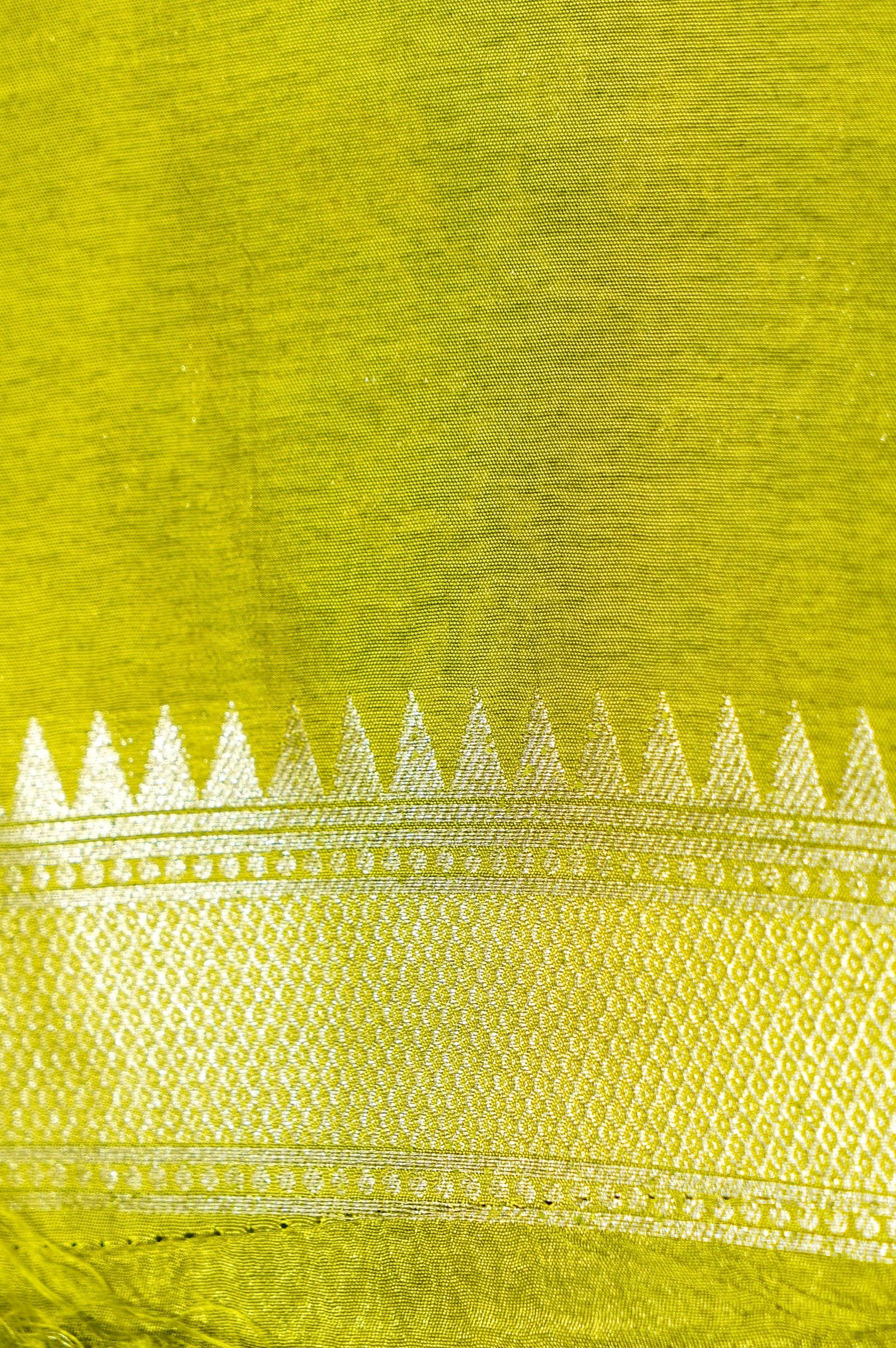 Soft Parrot Green Raw Silk Saree with Pastel Floral Weaving and Ivory Border