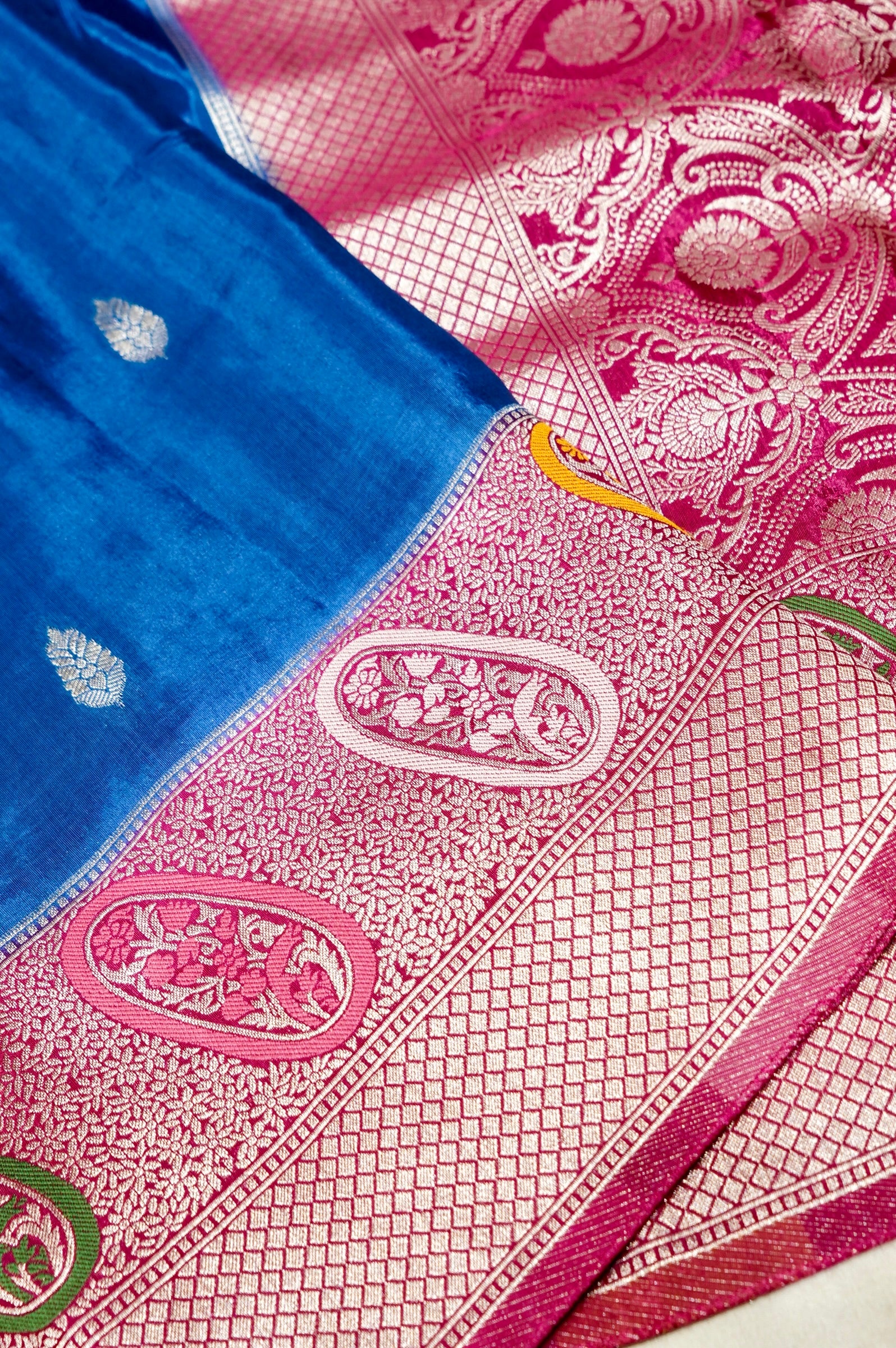 Cobalt Blue Dupion Banarasi Silk Saree with Rani Pink Border
