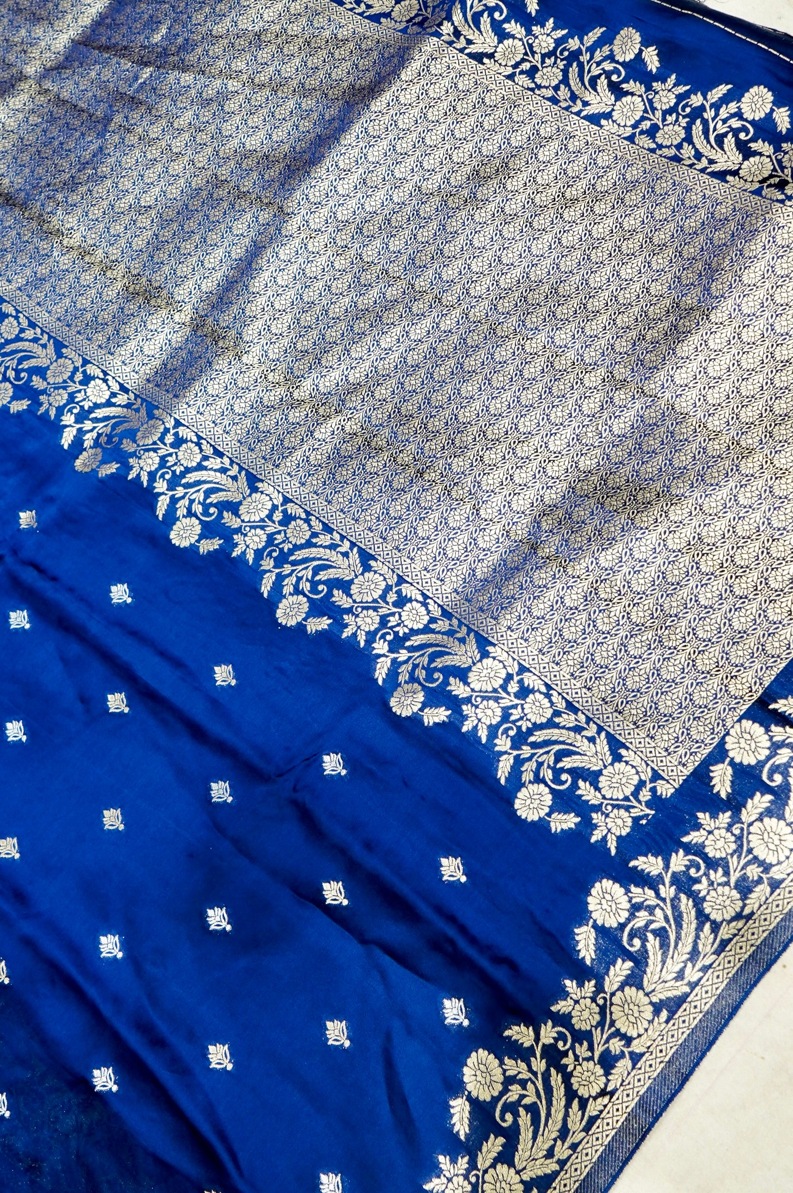 Sapphire Blue Mashru Silk Saree with Floral Gold Zari Border