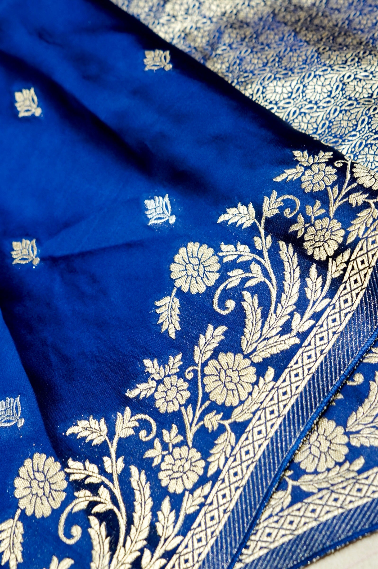 Sapphire Blue Mashru Silk Saree with Floral Gold Zari Border