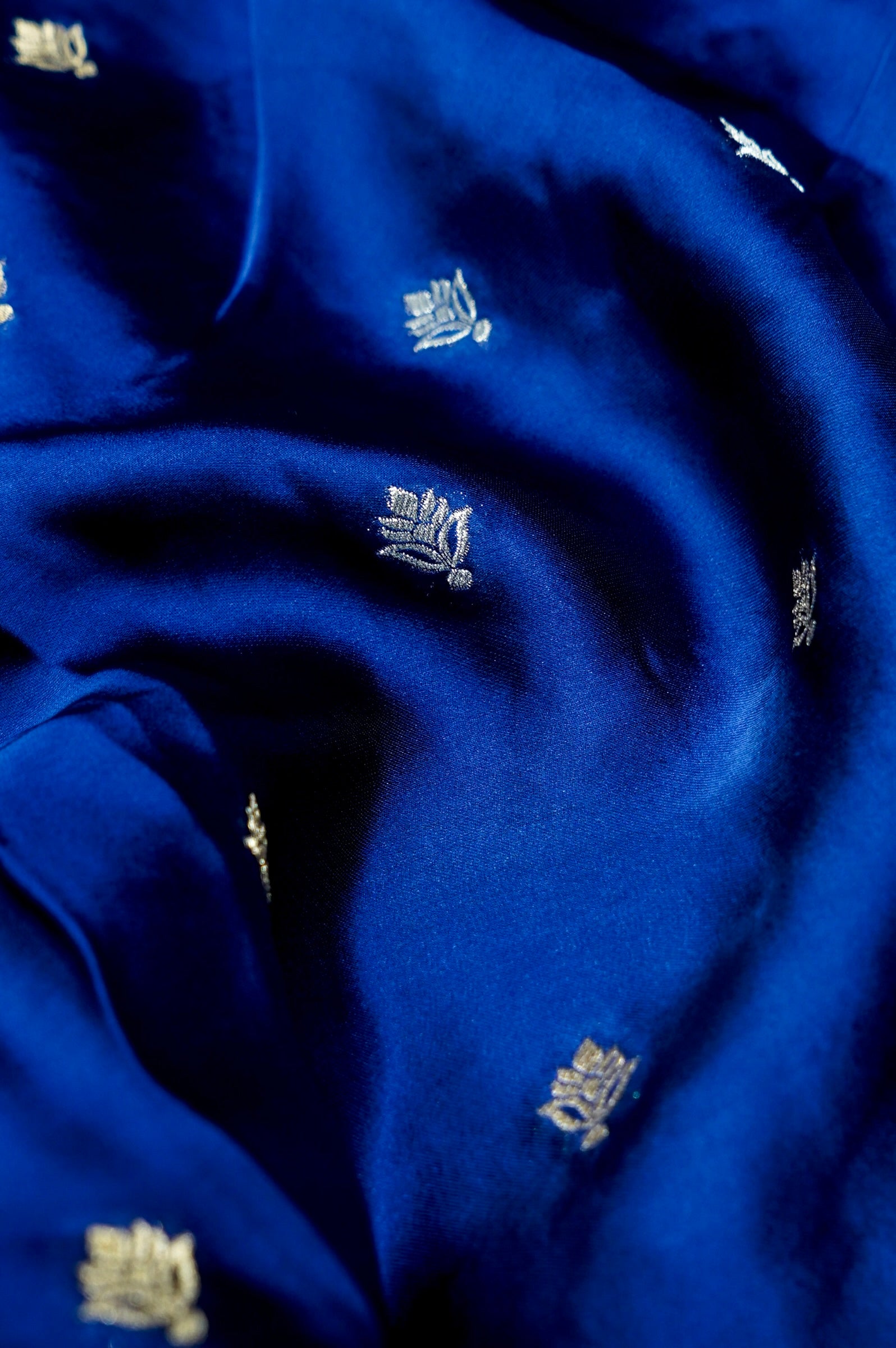 Sapphire Blue Mashru Silk Saree with Floral Gold Zari Border