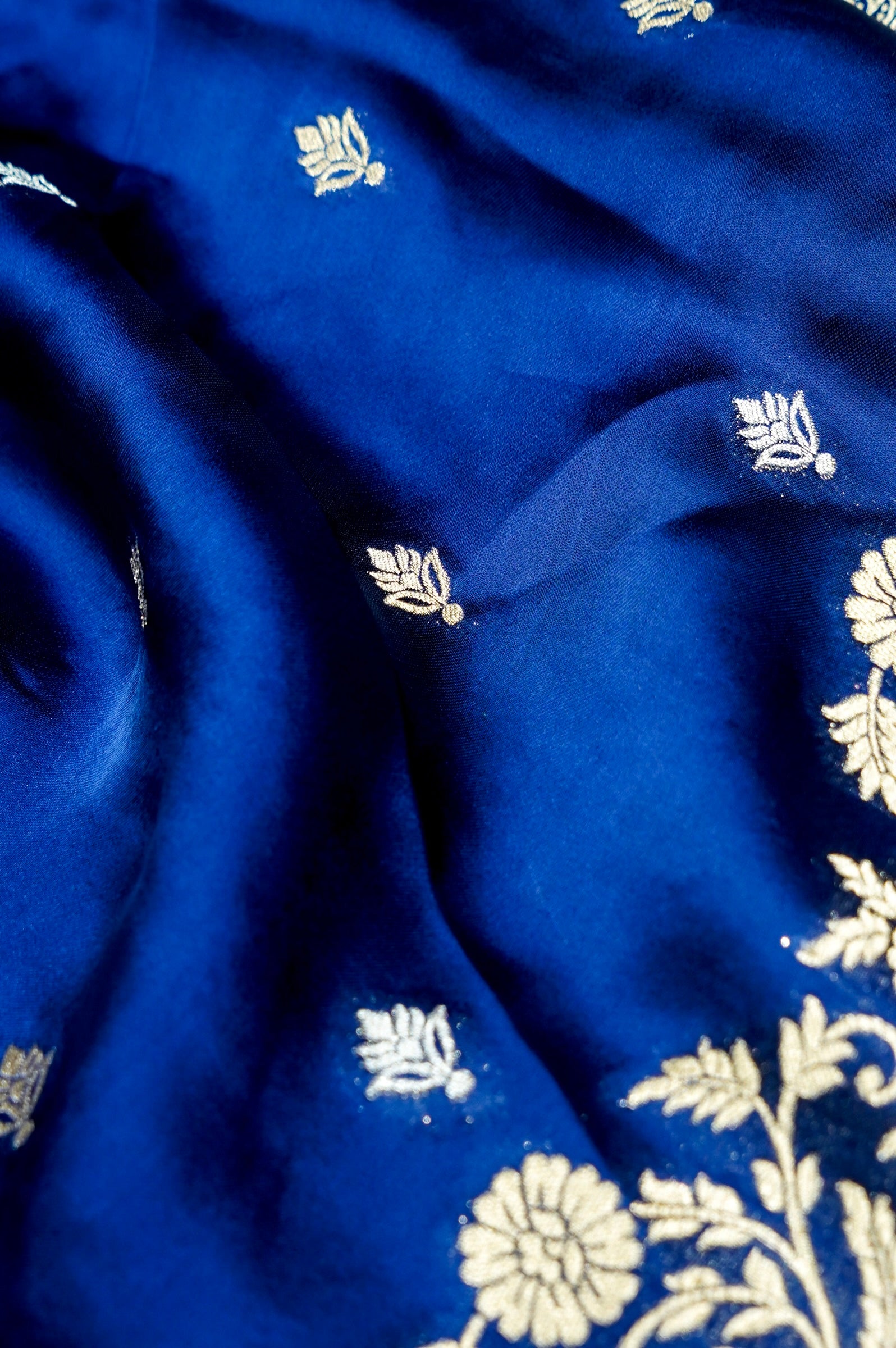 Sapphire Blue Mashru Silk Saree with Floral Gold Zari Border
