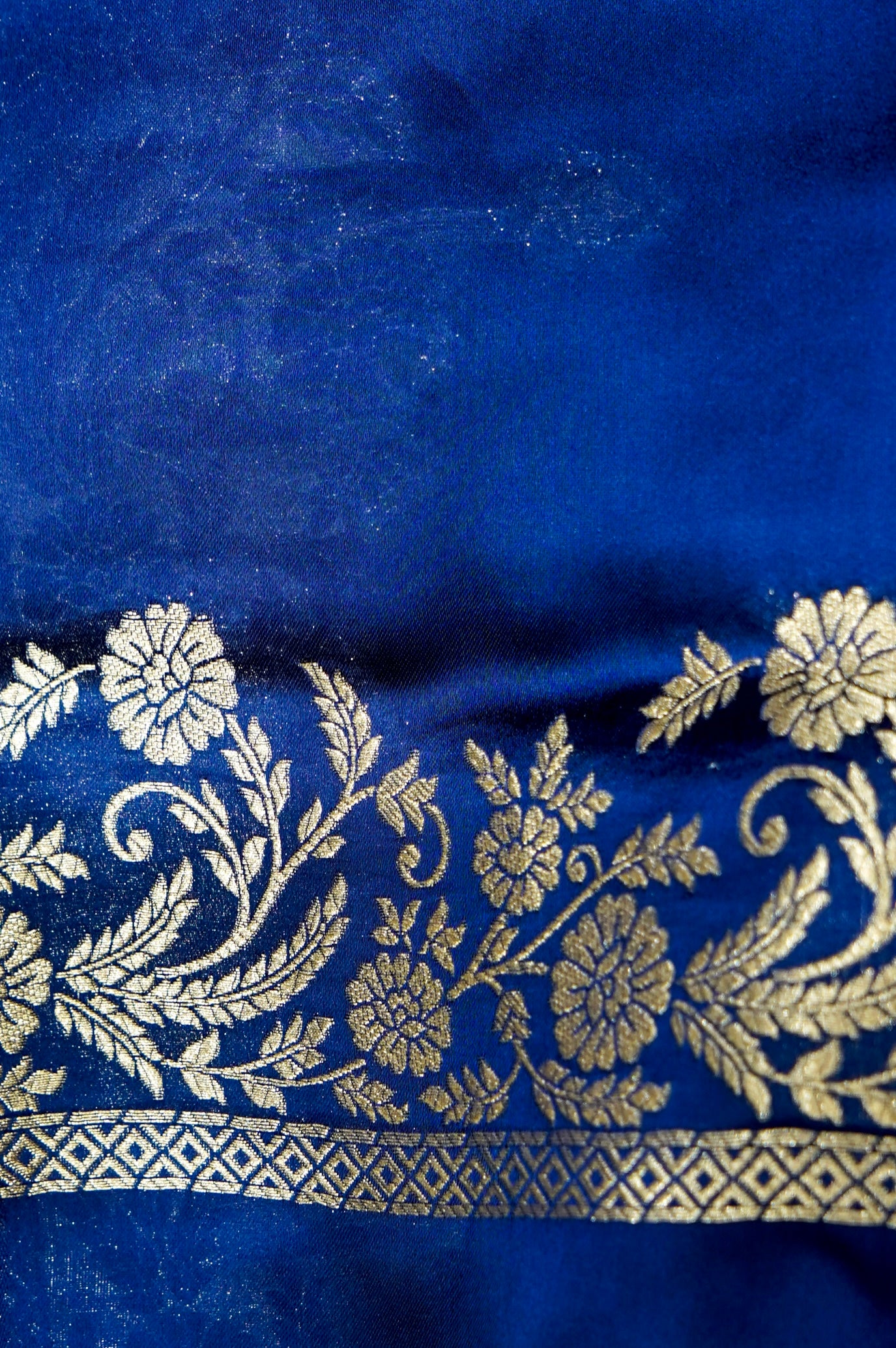 Sapphire Blue Mashru Silk Saree with Floral Gold Zari Border