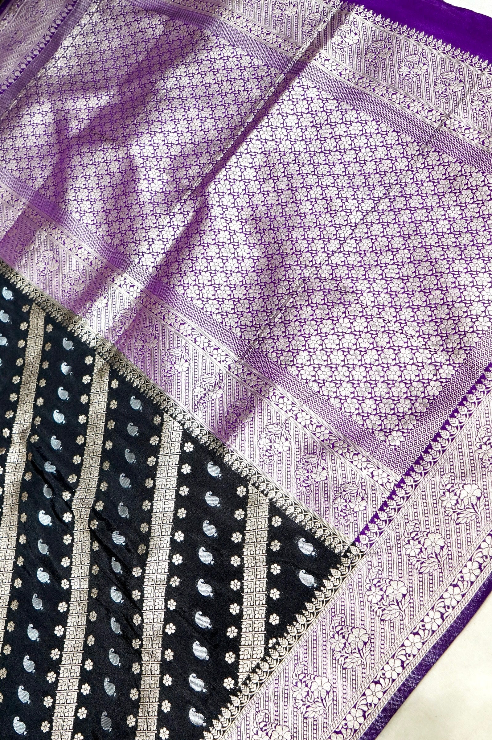 Jet Black Paisley Crepe Georgette Silk Saree with Royal Purple Border