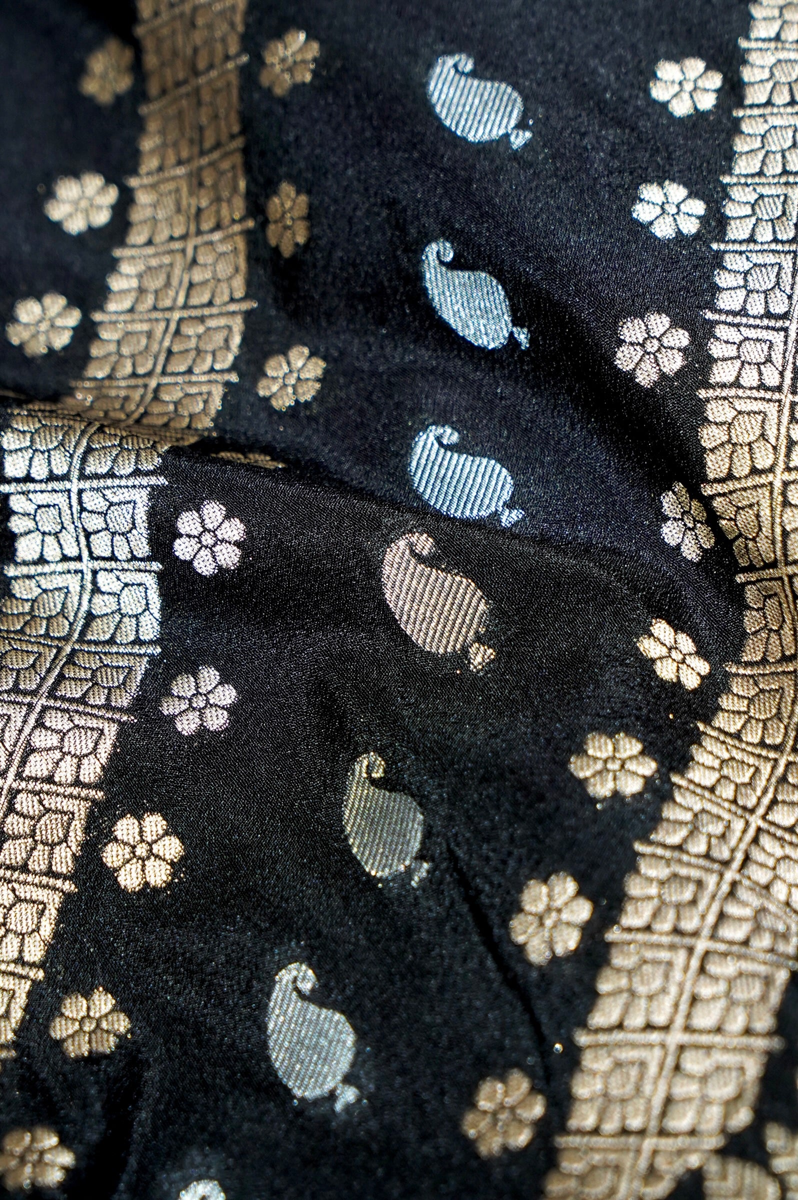 Jet Black Paisley Crepe Georgette Silk Saree with Royal Purple Border