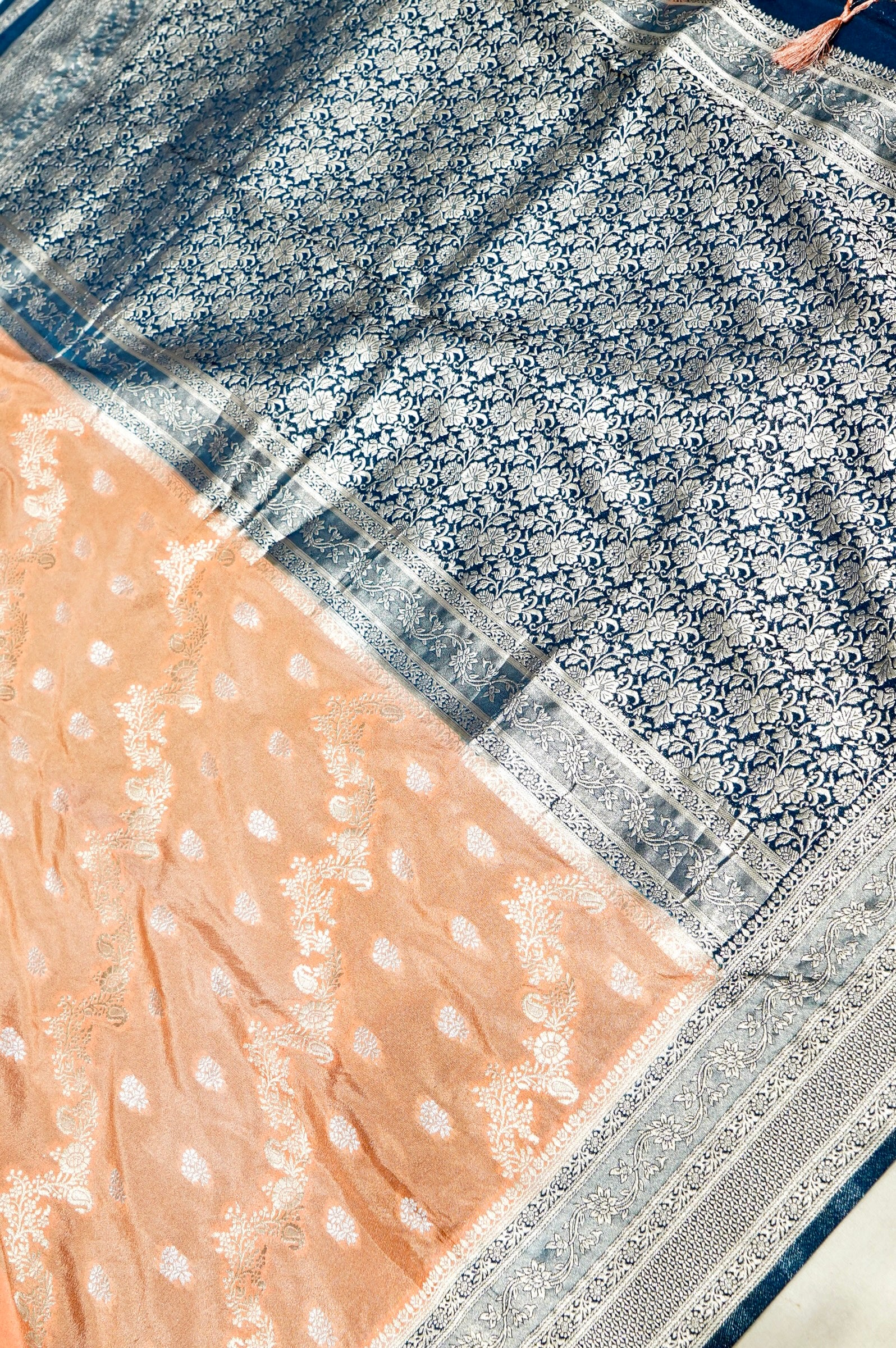 Peach Crepe Georgette Silk Saree with Floral Navy Blue Border