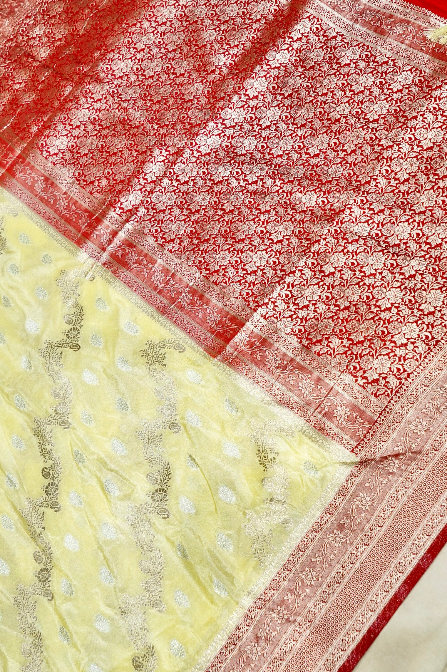 Butter Yellow Crepe Georgette Silk Saree with Floral Crimson Red Border