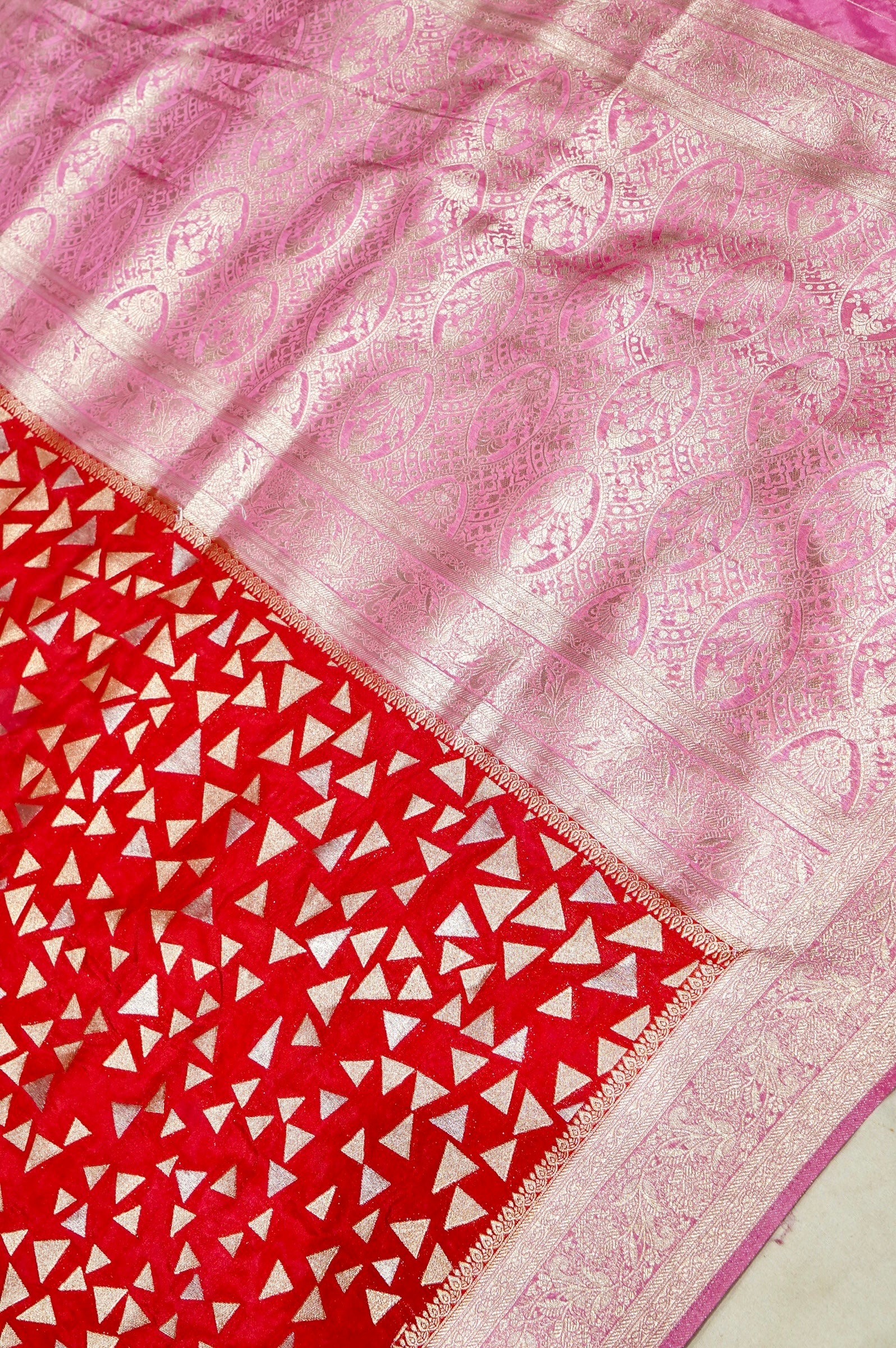Red Crepe Georgette Silk Saree with Blush Pink Floral Zari Border