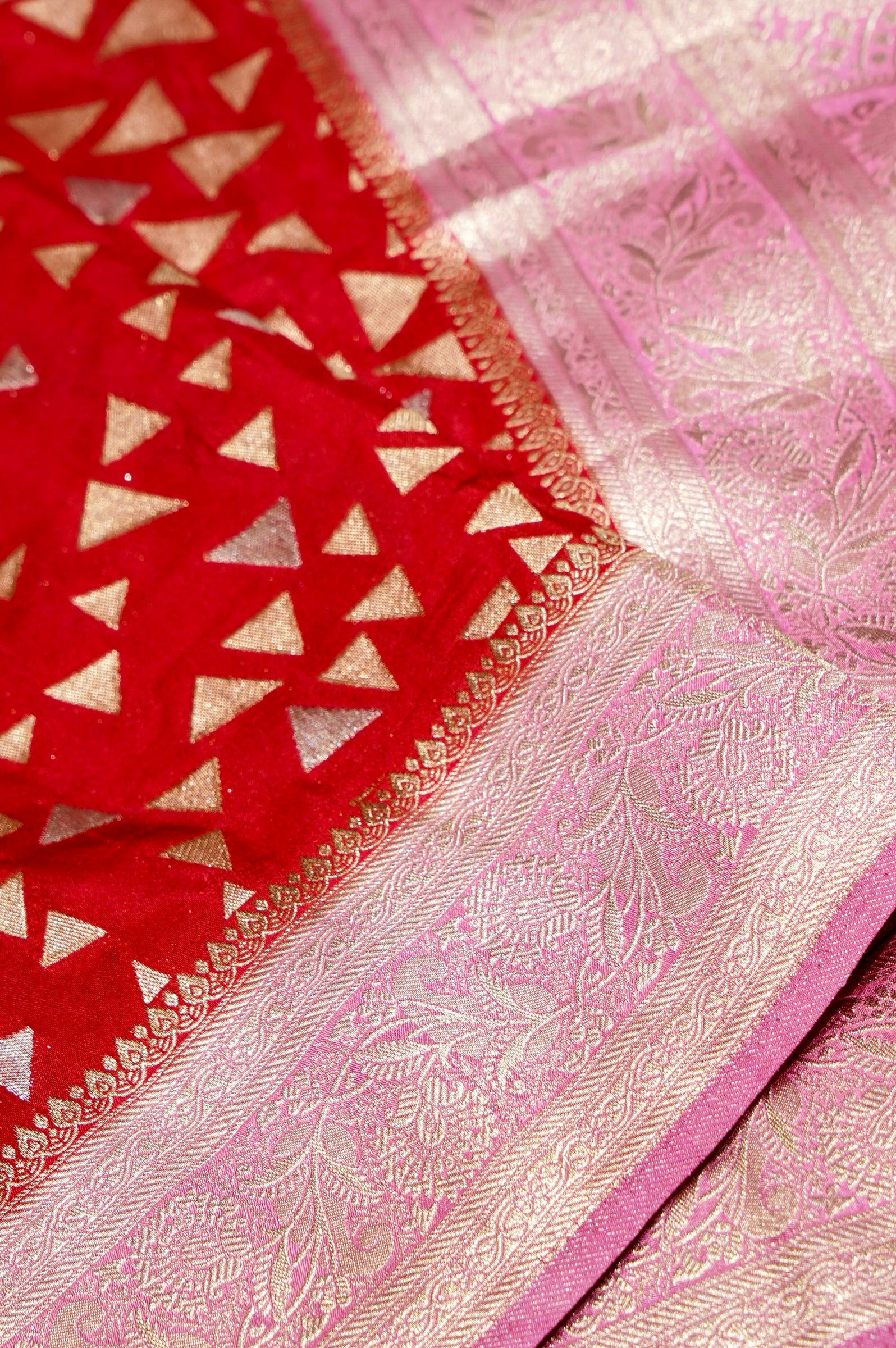 Red Crepe Georgette Silk Saree with Blush Pink Floral Zari Border
