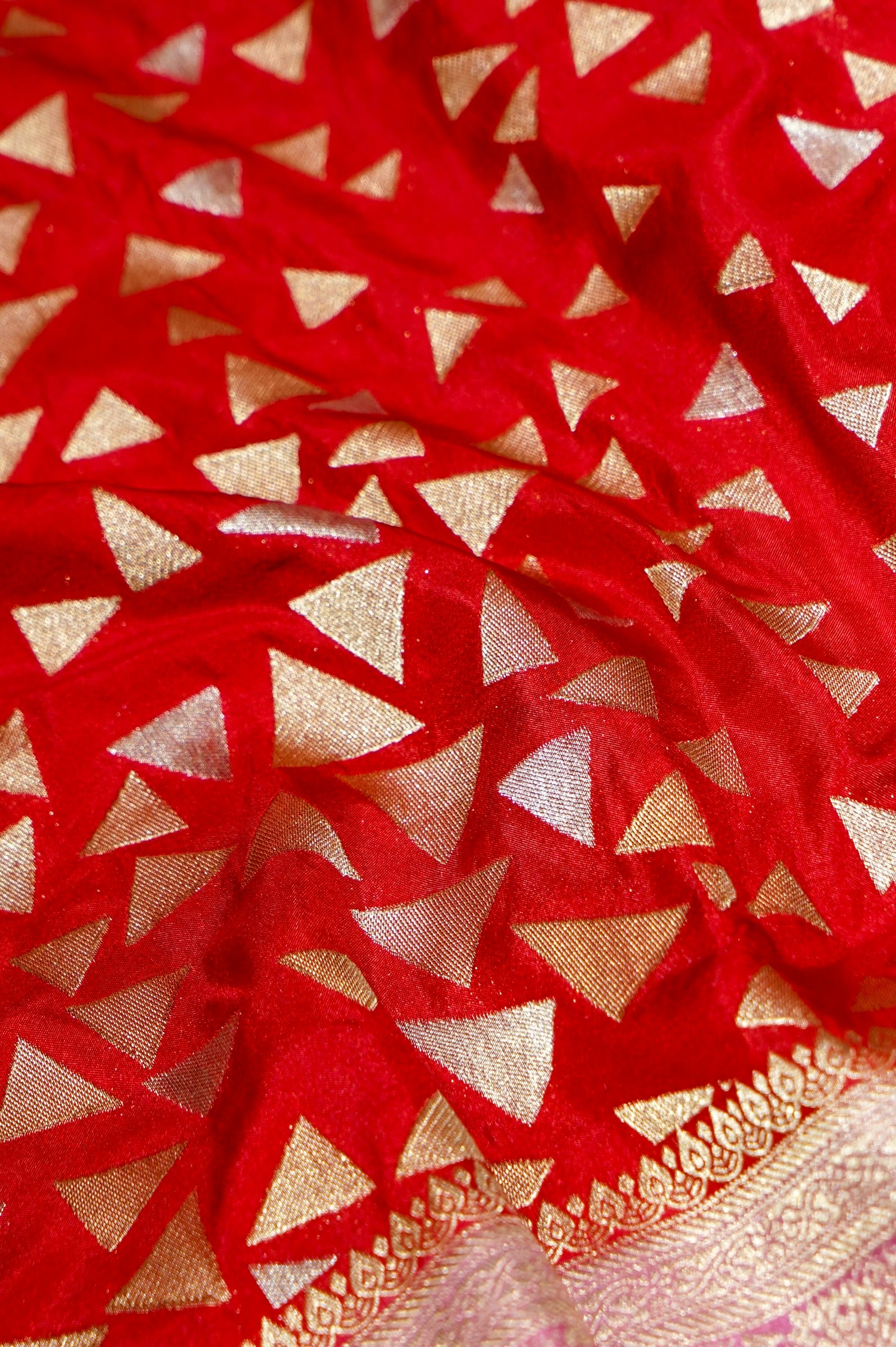 Red Crepe Georgette Silk Saree with Blush Pink Floral Zari Border