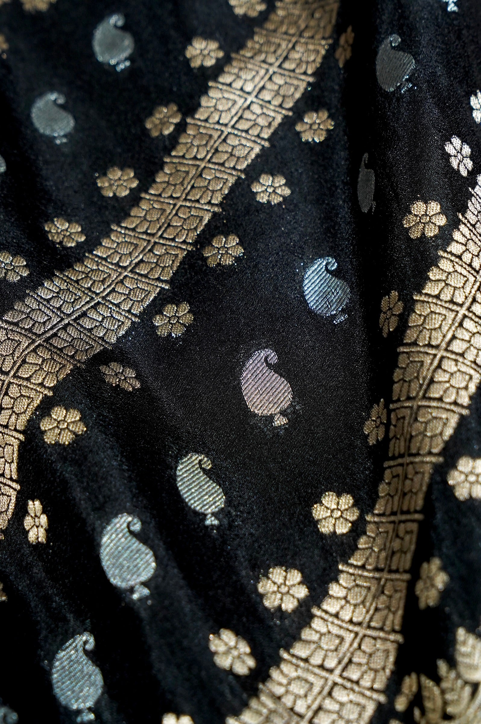 Jet Black Paisley Crepe Georgette Silk Saree with Sea Green Border