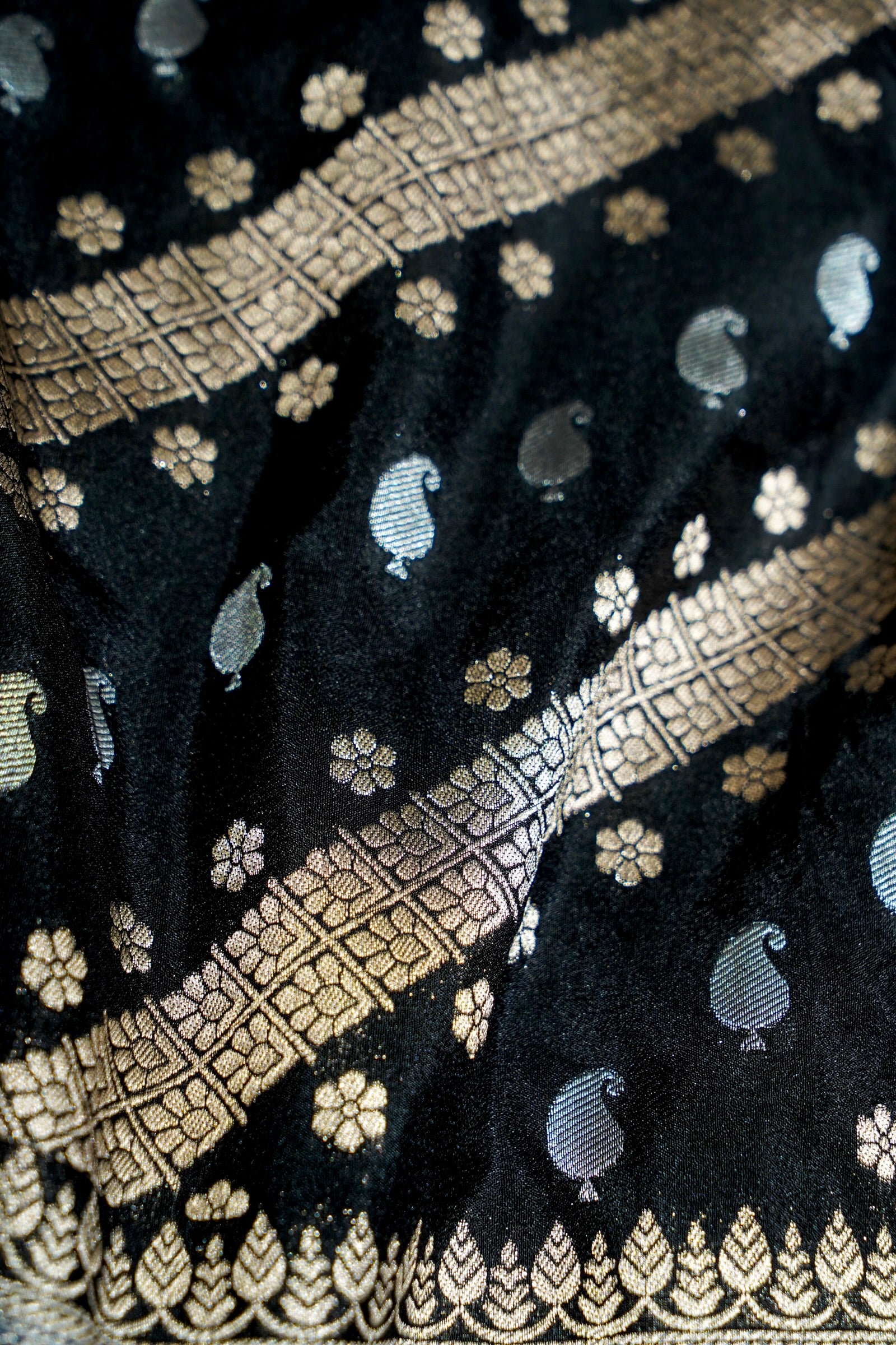 Jet Black Paisley Crepe Georgette Silk Saree with Royal Blue Border