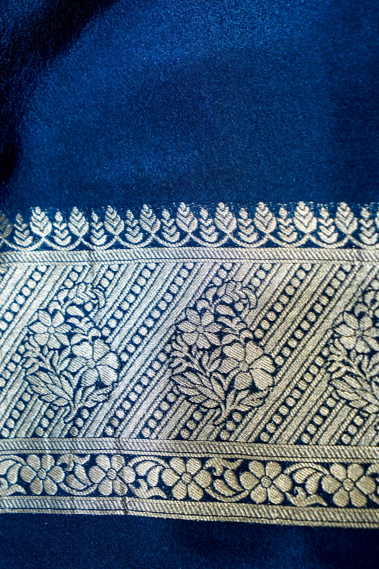 Jet Black Paisley Crepe Georgette Silk Saree with Royal Blue Border