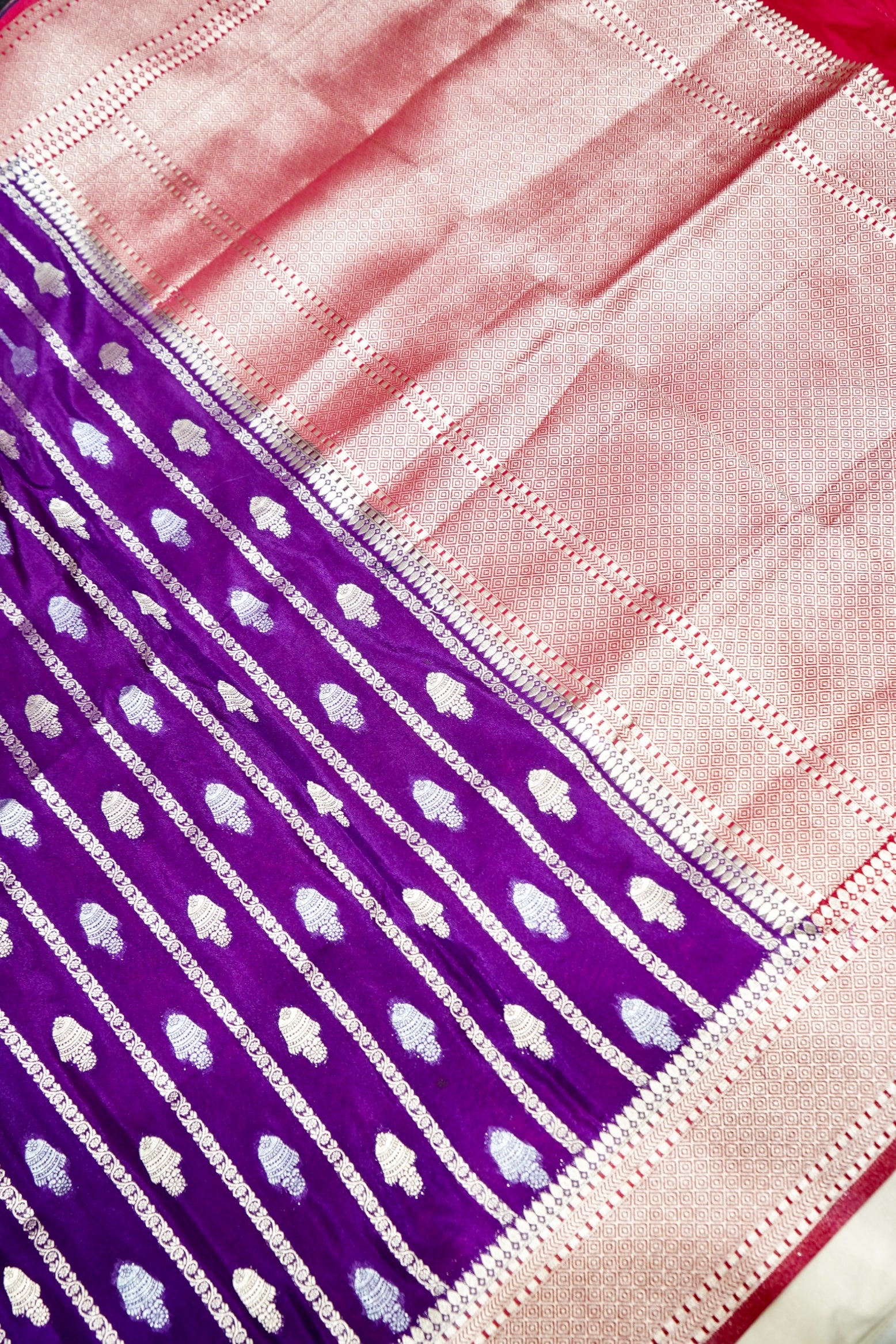 Royal Purple Bell Motifs Crepe Georgette Silk Saree with Crimson Red Border