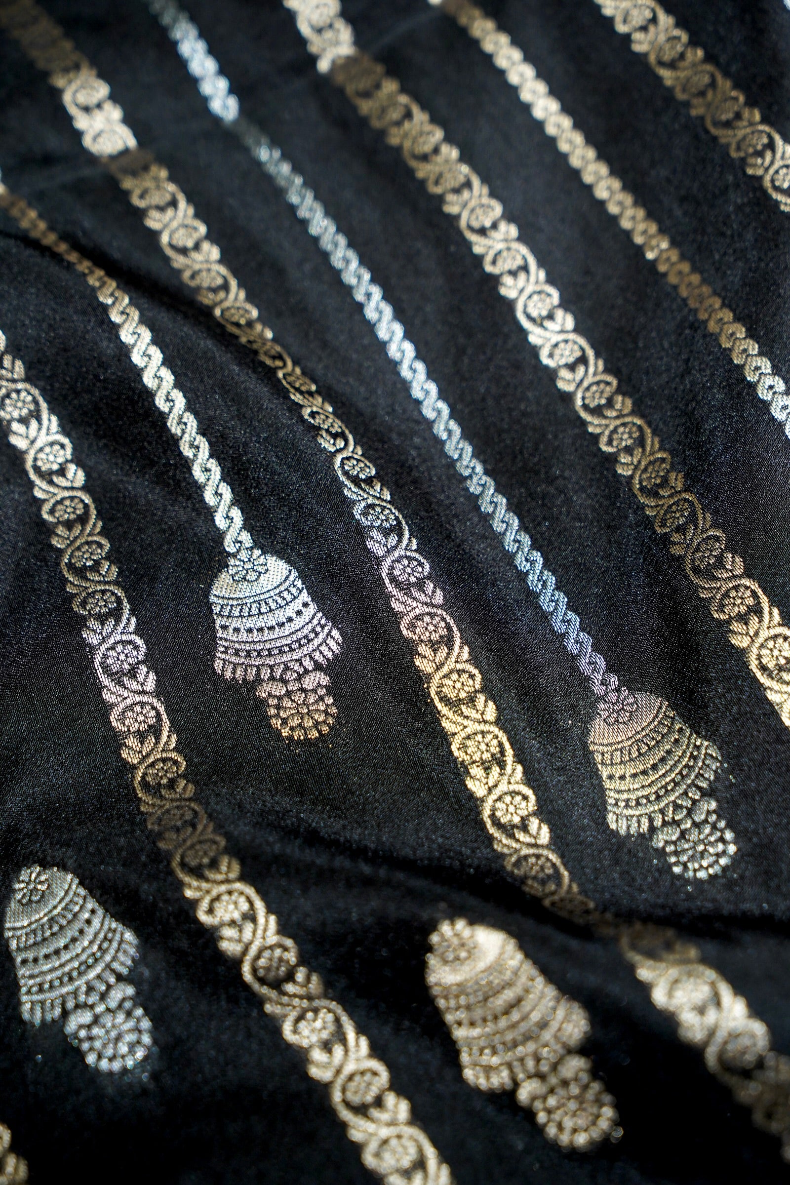 Jet Black Bell Motifs Crepe Georgette Silk Saree with Royal Blue Border