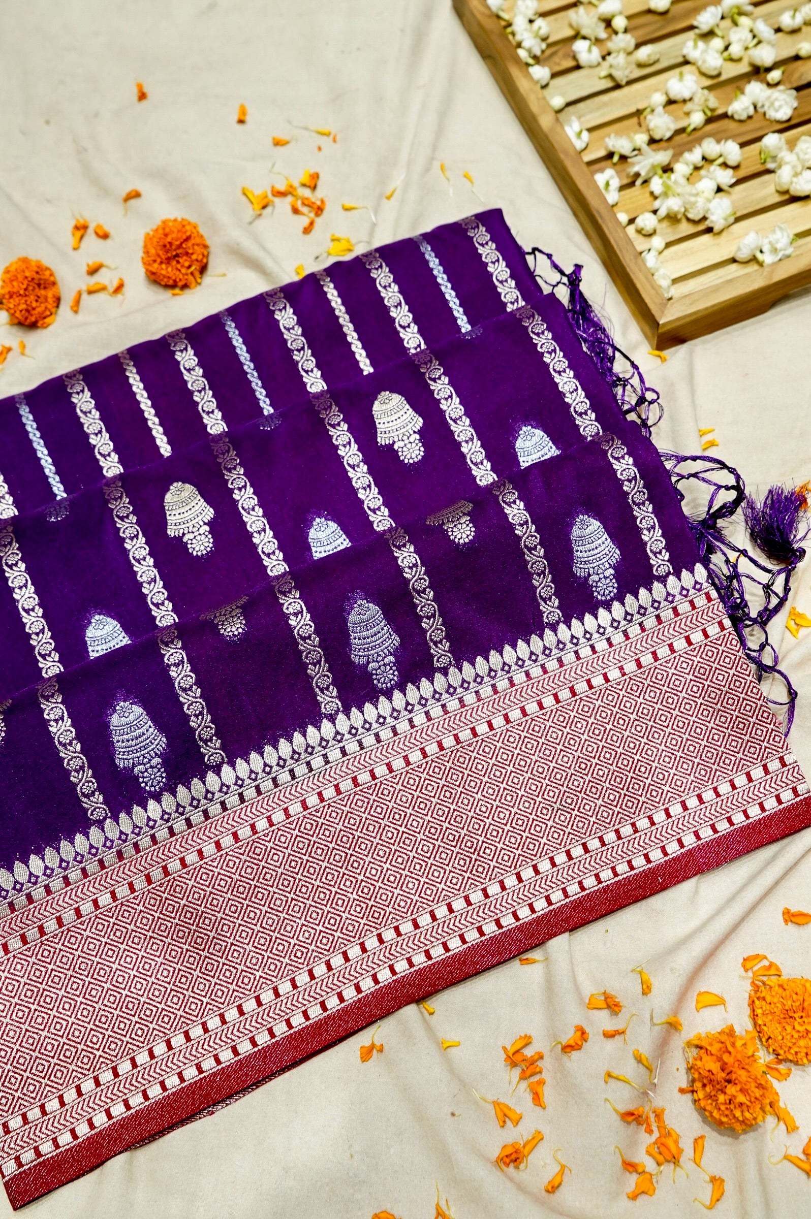Royal Purple Bell Motifs Crepe Georgette Silk Saree with Crimson Red Border