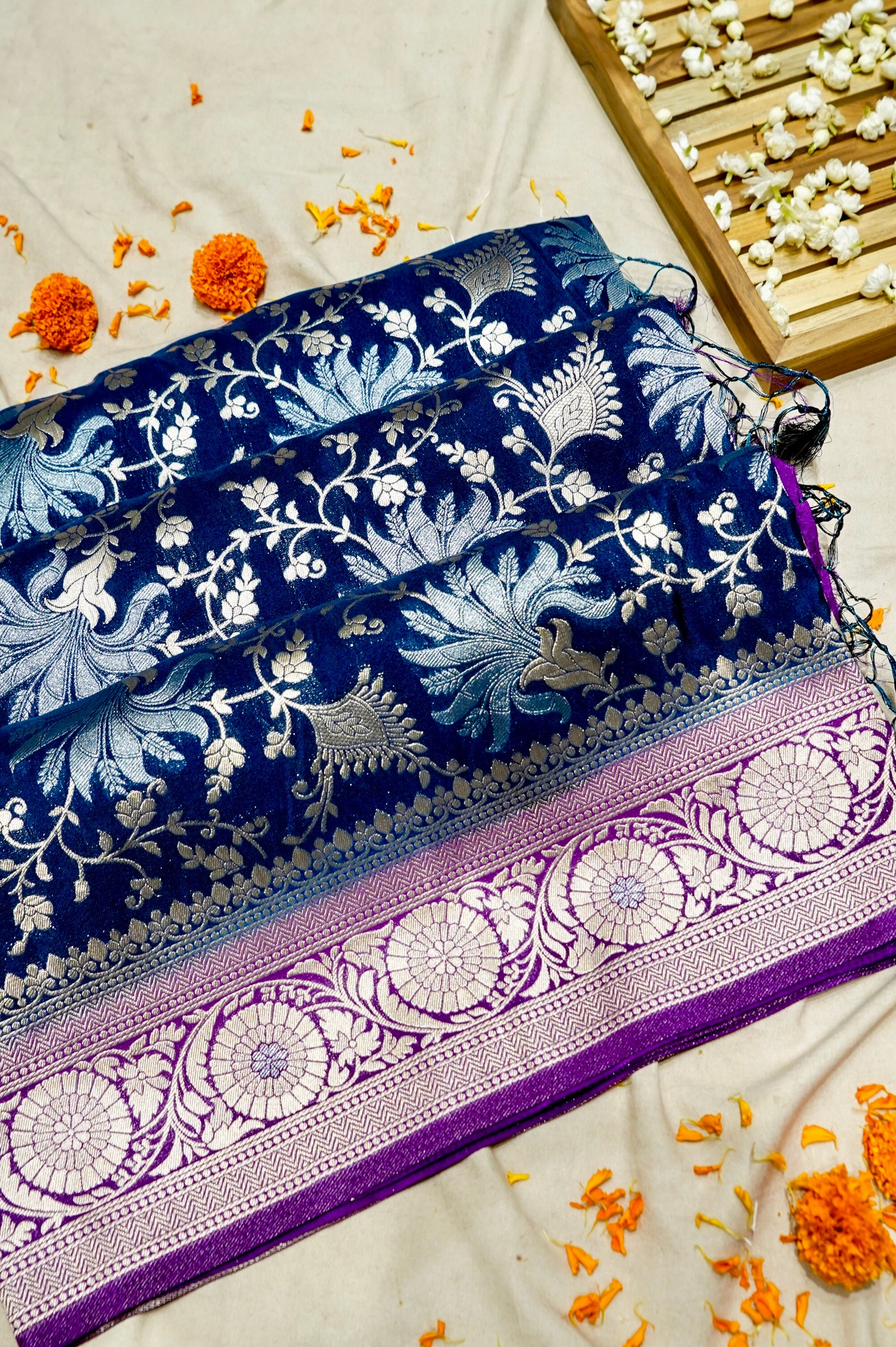 Royal Blue Crepe Georgette Silk Saree with Purple Border and Gold - Silver Weave