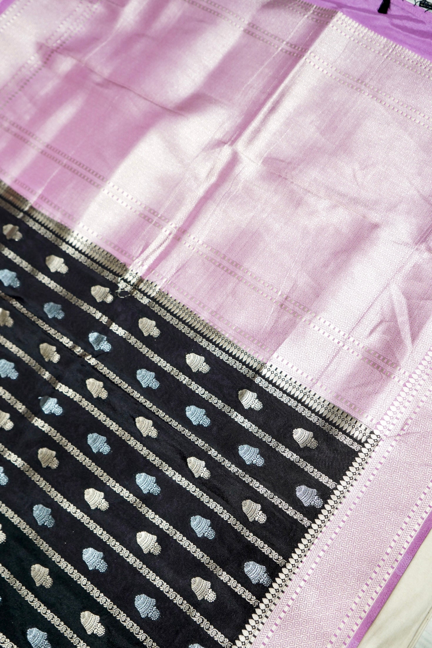 Jet Black Bell Motifs Crepe Georgette Silk Saree with Blush Pink Border