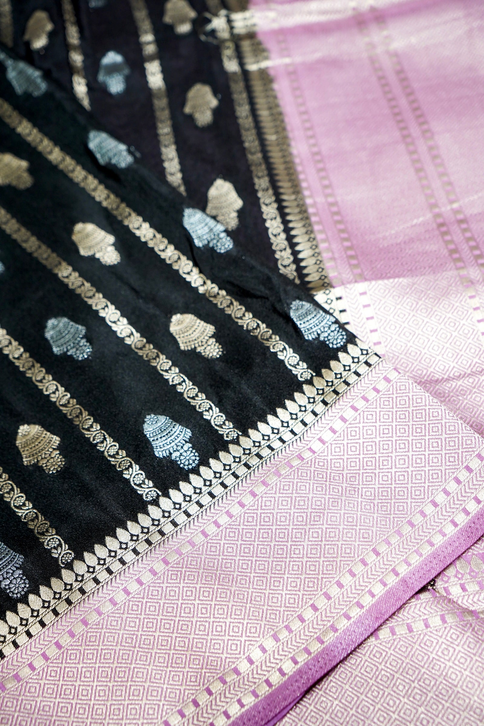 Jet Black Bell Motifs Crepe Georgette Silk Saree with Blush Pink Border