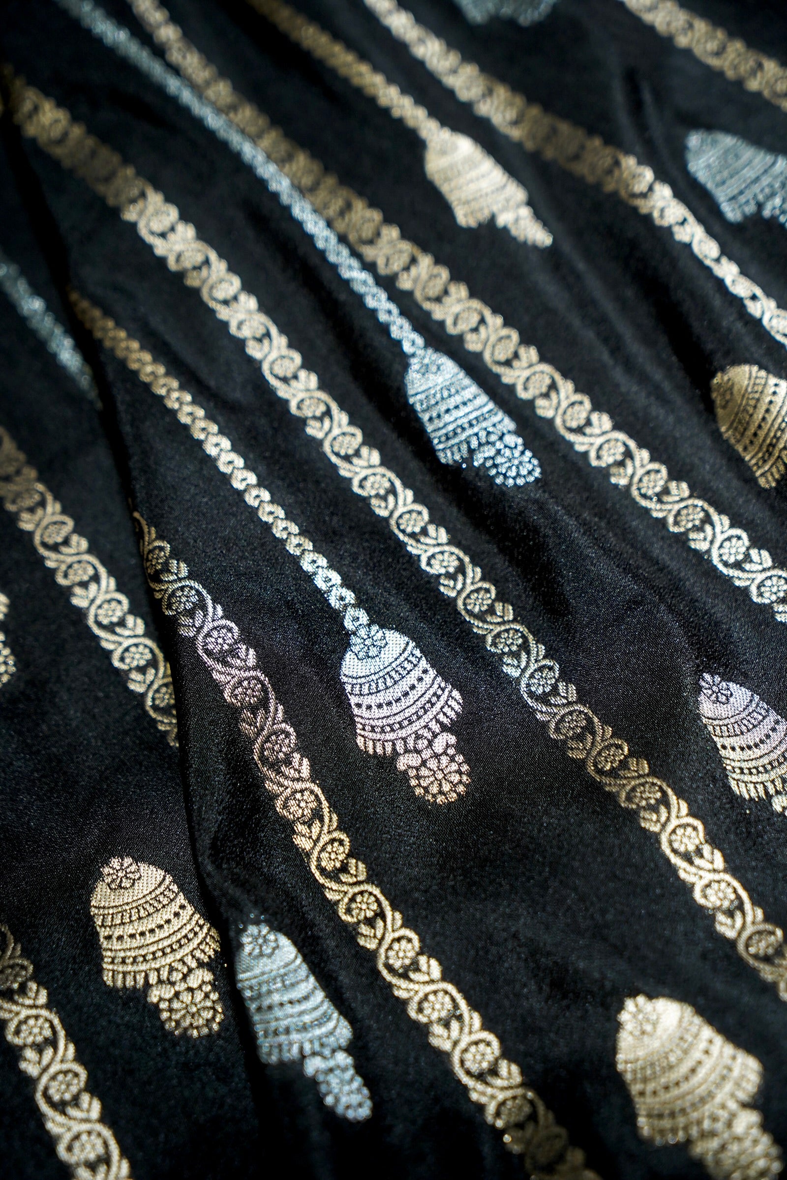 Jet Black Bell Motifs Crepe Georgette Silk Saree with Blush Pink Border