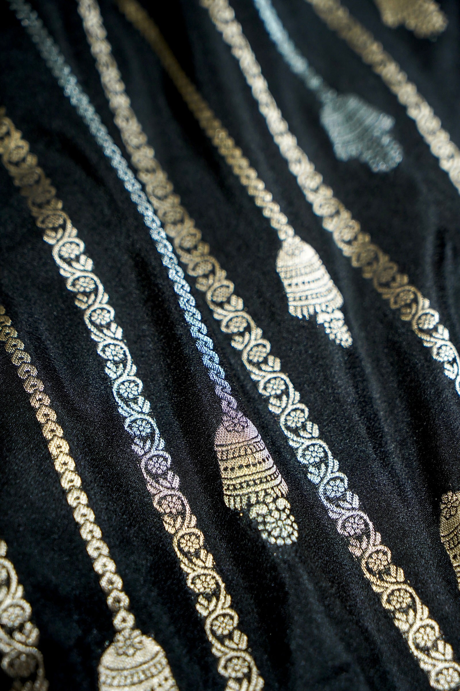 Jet Black Bell Motifs Crepe Georgette Silk Saree with Blush Pink Border
