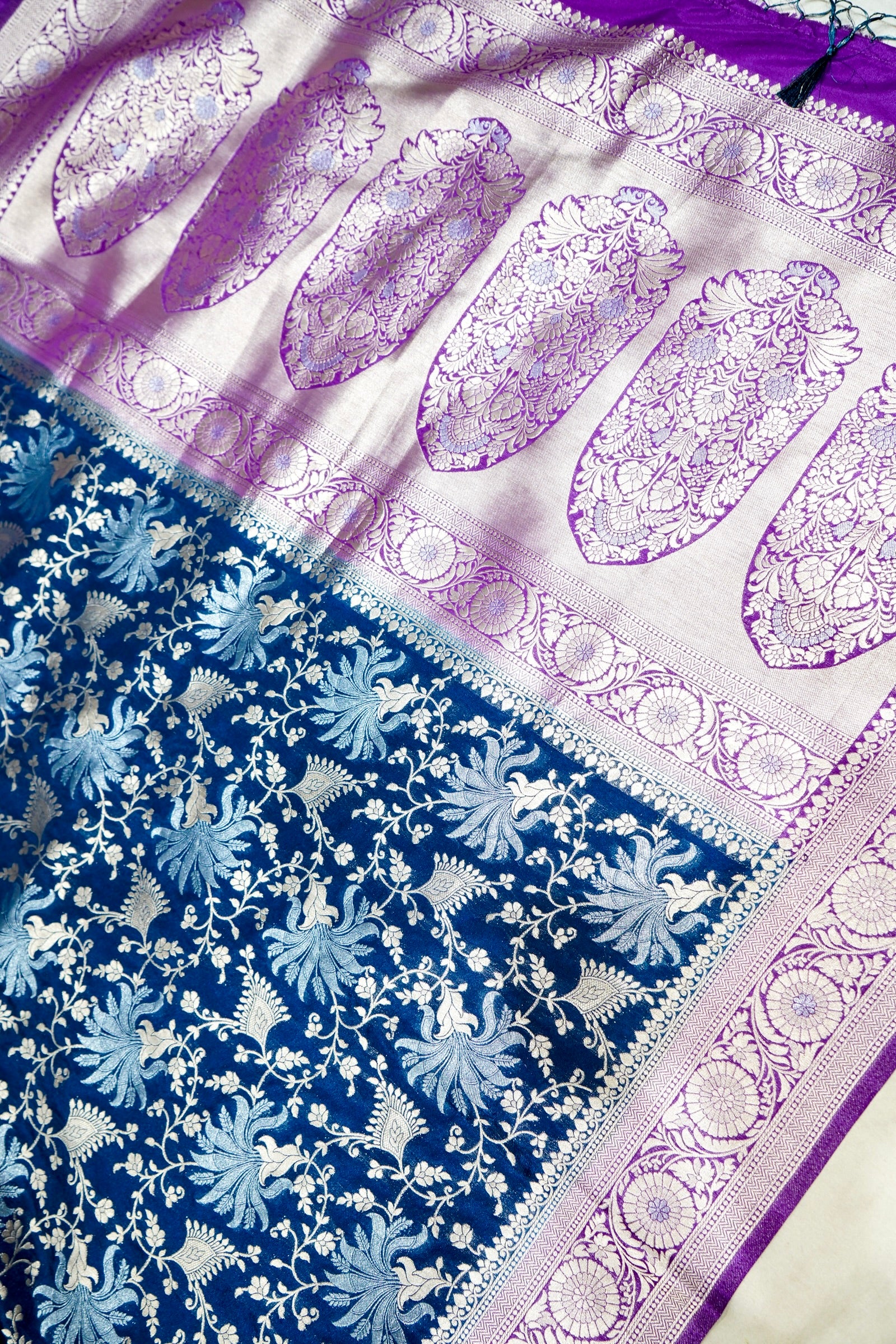 Royal Blue Crepe Georgette Silk Saree with Purple Border and Gold - Silver Weave