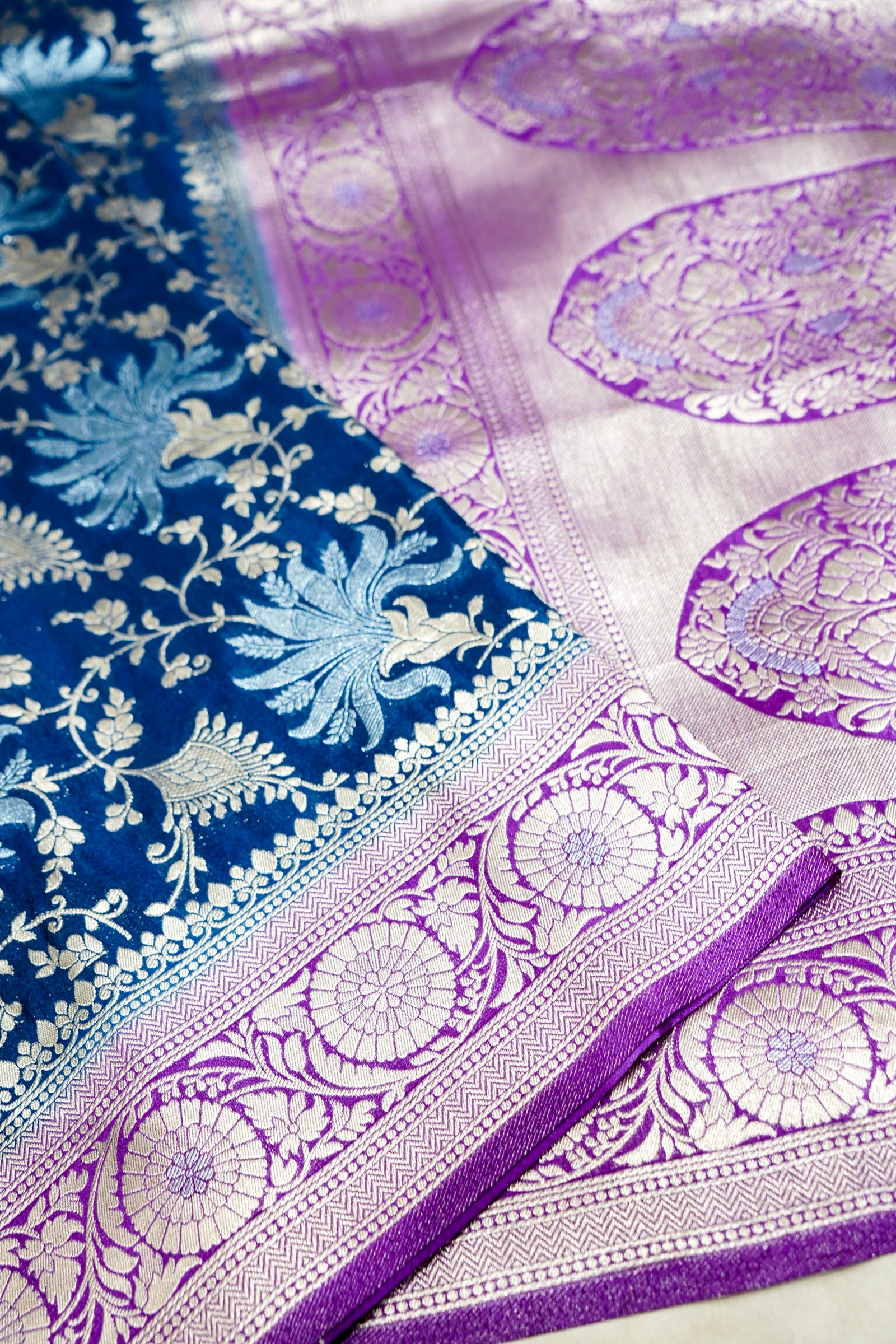 Royal Blue Crepe Georgette Silk Saree with Purple Border and Gold - Silver Weave