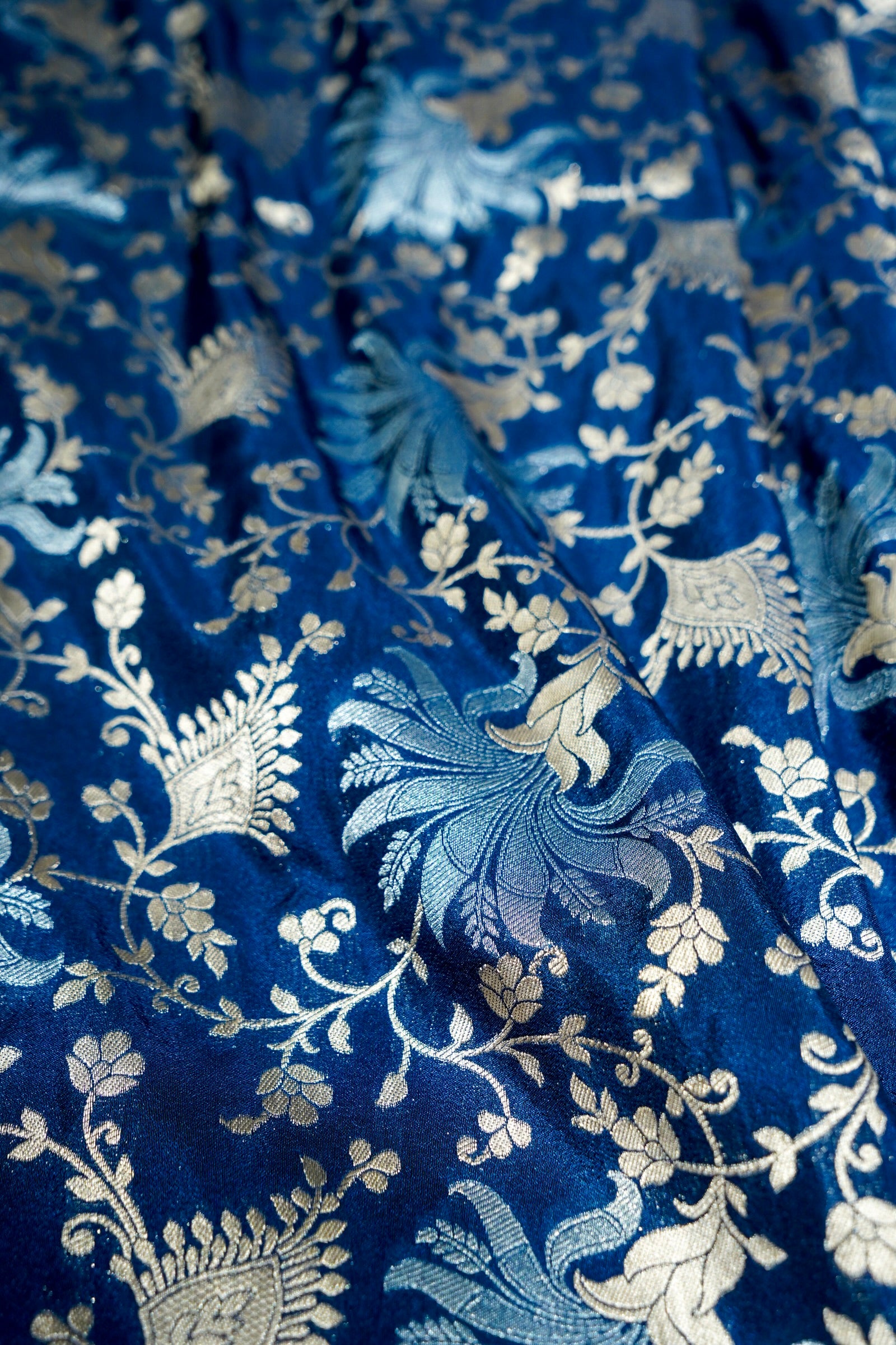 Royal Blue Crepe Georgette Silk Saree with Purple Border and Gold - Silver Weave