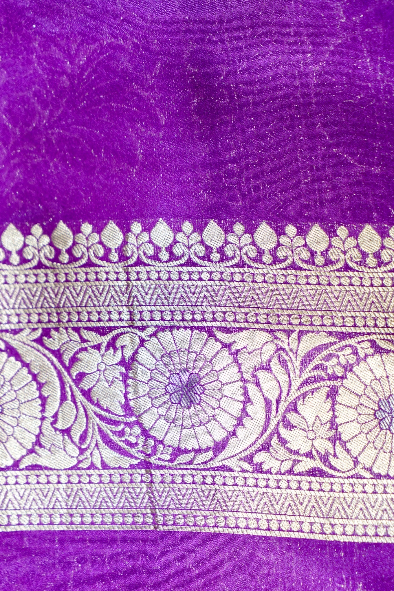 Royal Blue Crepe Georgette Silk Saree with Purple Border and Gold - Silver Weave