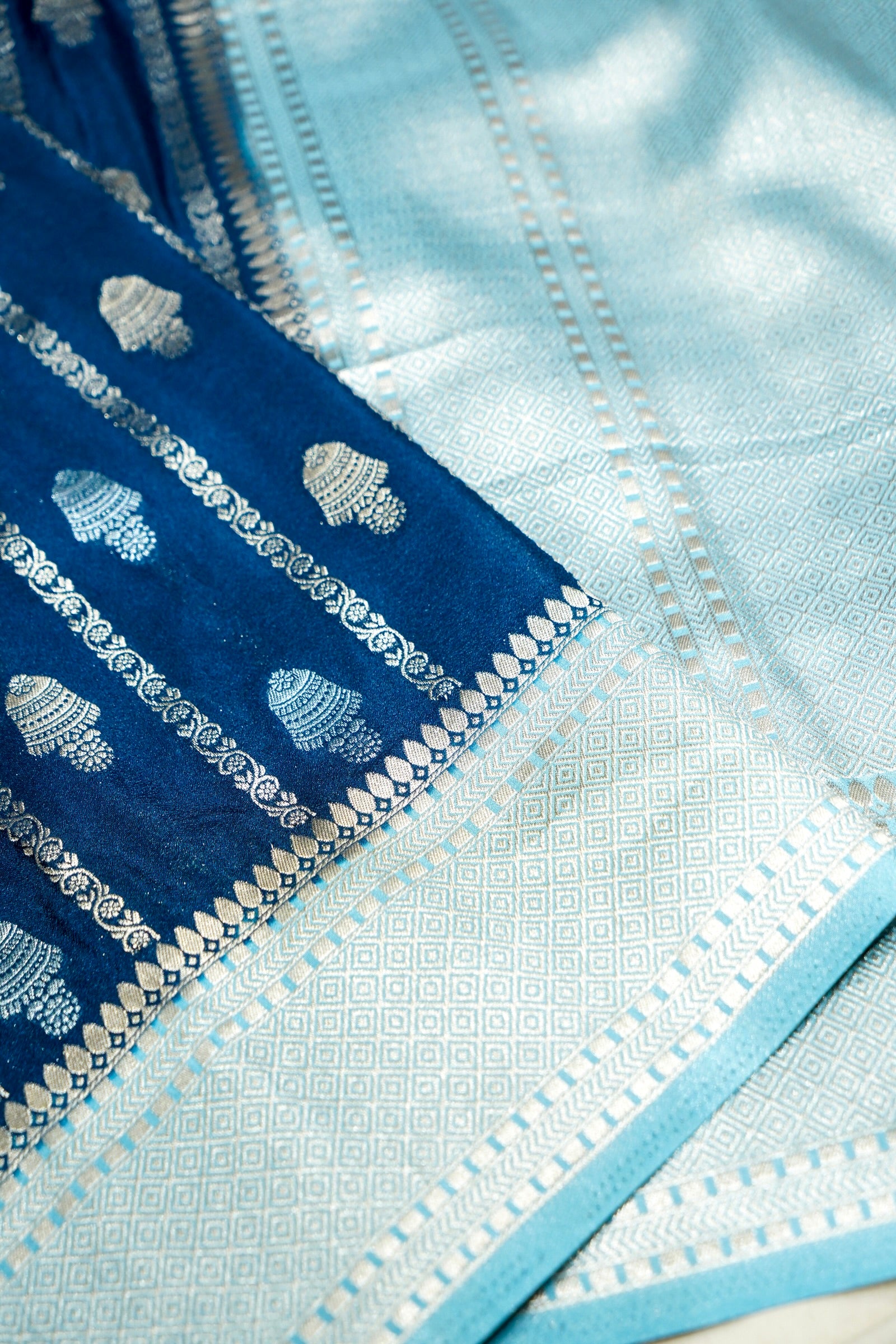 Navy Blue Bell Motifs Crepe Georgette Silk Saree with Ice Blue Border