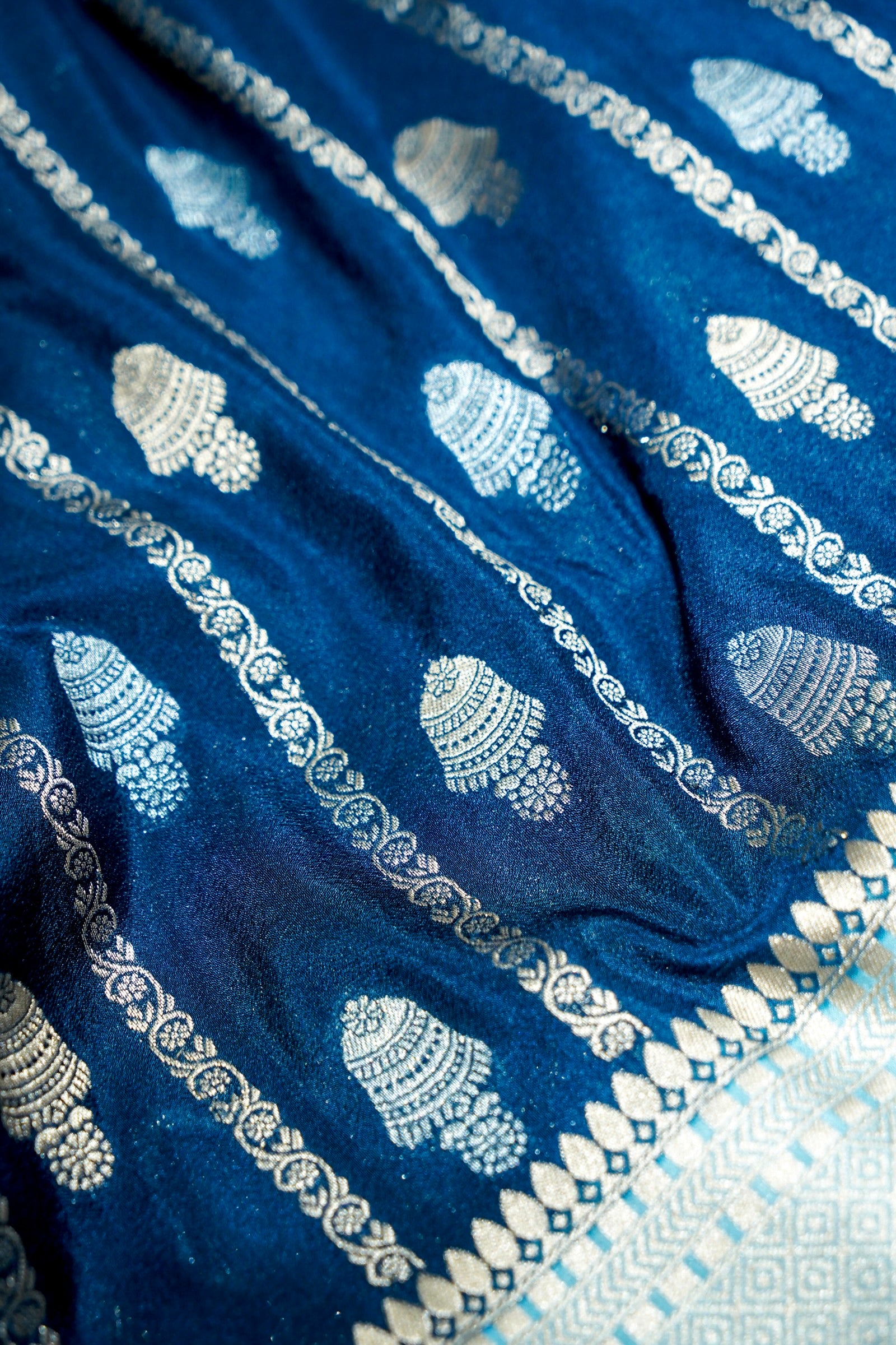 Navy Blue Bell Motifs Crepe Georgette Silk Saree with Ice Blue Border