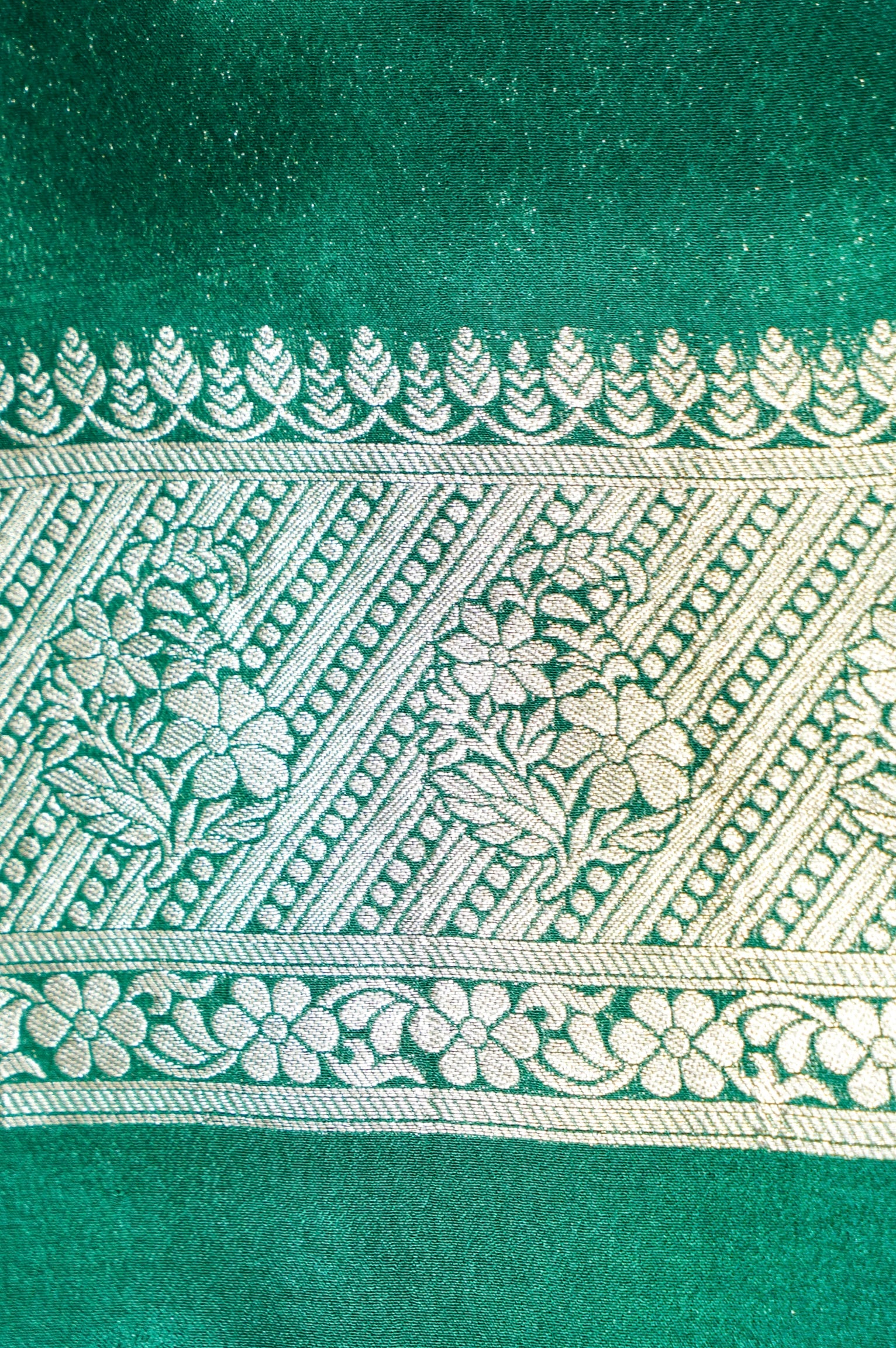 Rust Orange Paisley Crepe Georgette Silk Saree with Jade Green Border