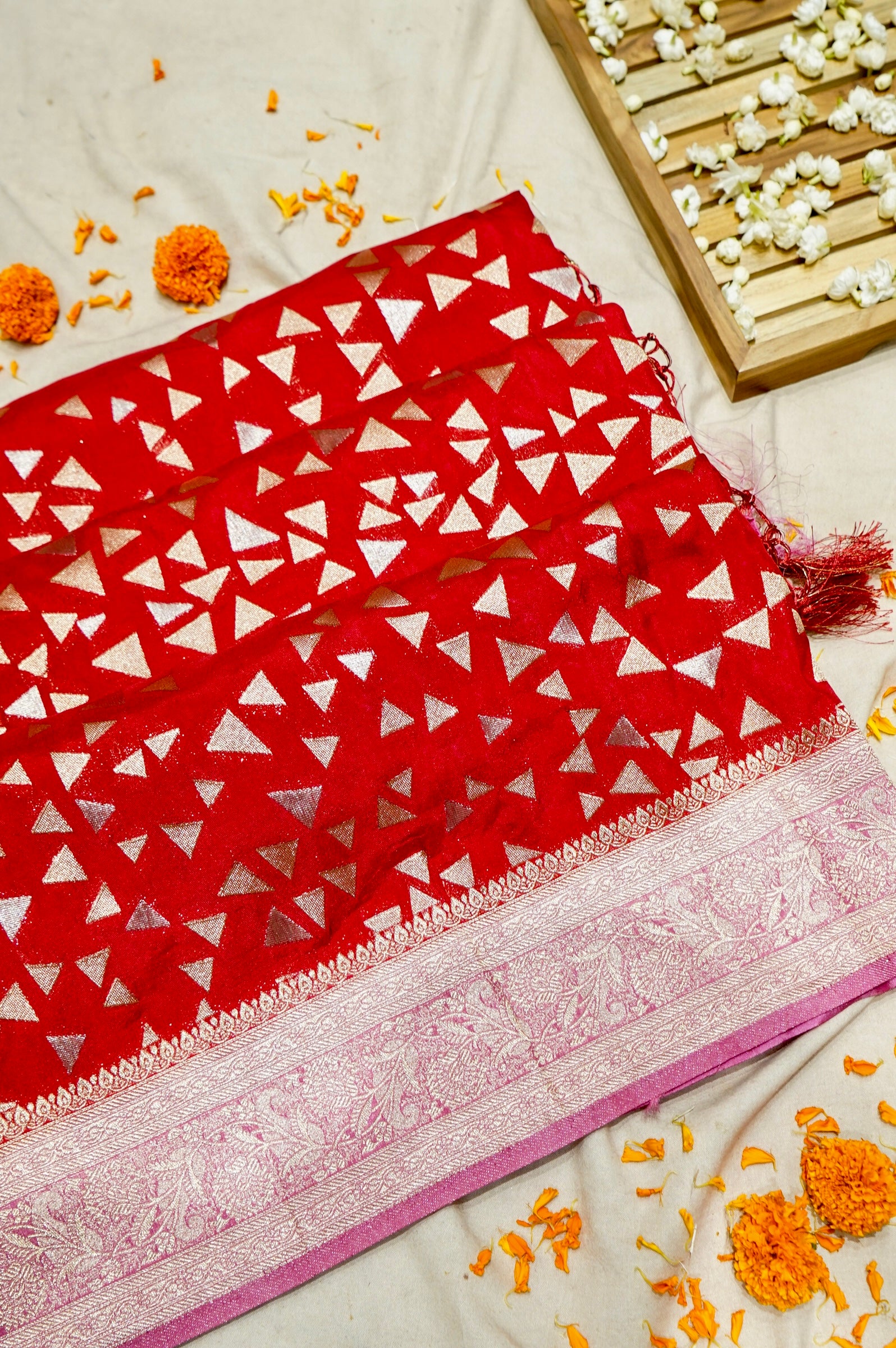Red Crepe Georgette Silk Saree with Blush Pink Floral Zari Border
