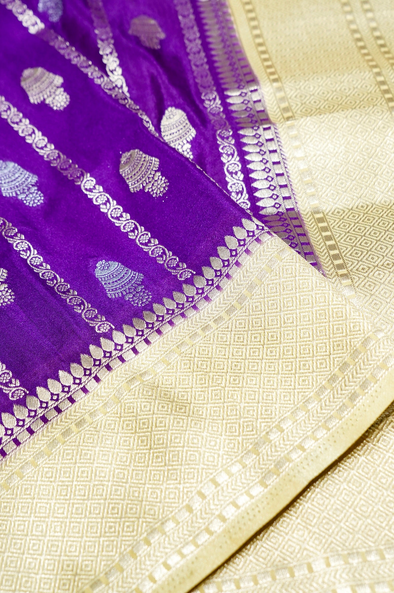 Royal Purple Bell Motifs Crepe Georgette Silk Saree with Champagne Border