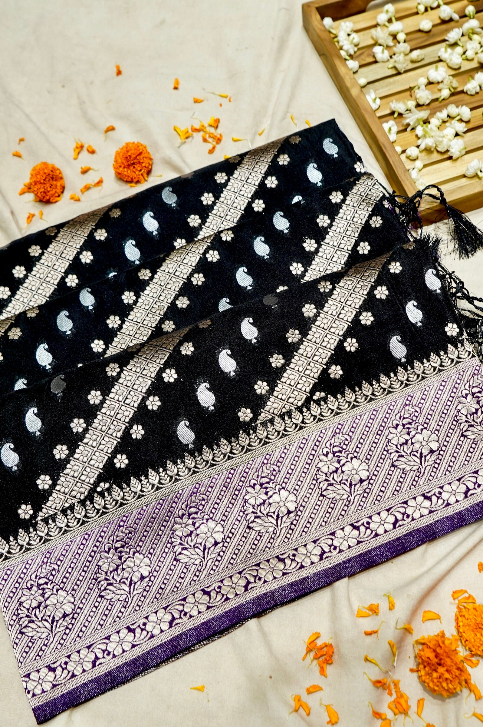 Jet Black Paisley Crepe Georgette Silk Saree with Royal Purple Border