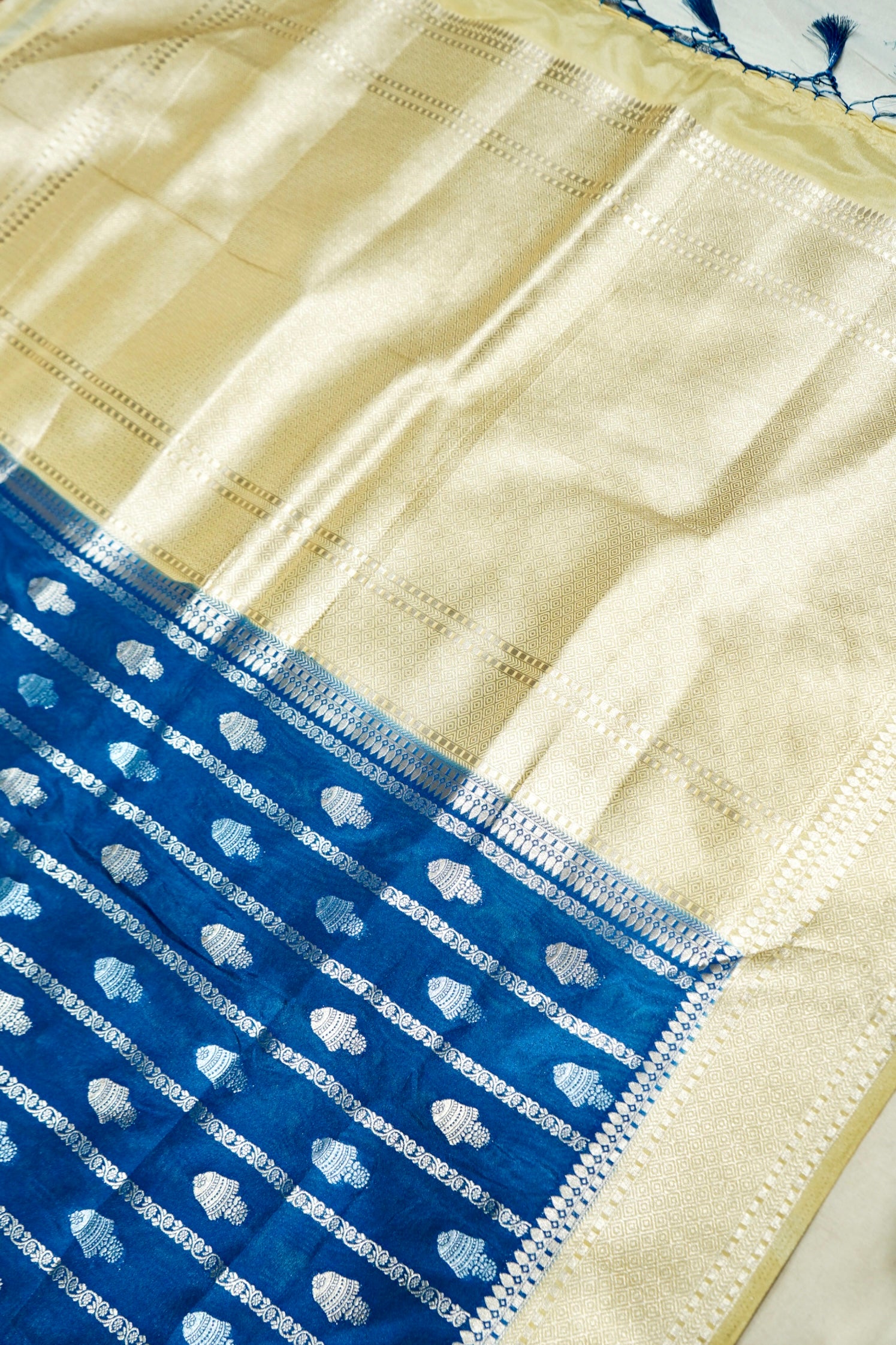 Royal Blue Bell Motifs Crepe Georgette Silk Saree with Champagne Border
