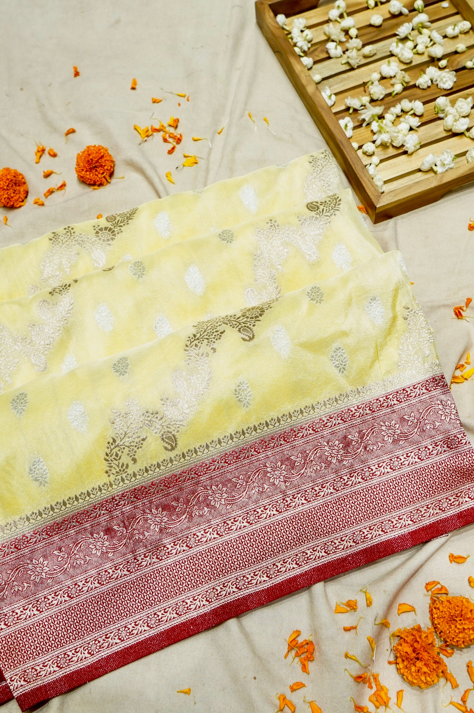 Butter Yellow Crepe Georgette Silk Saree with Floral Crimson Red Border