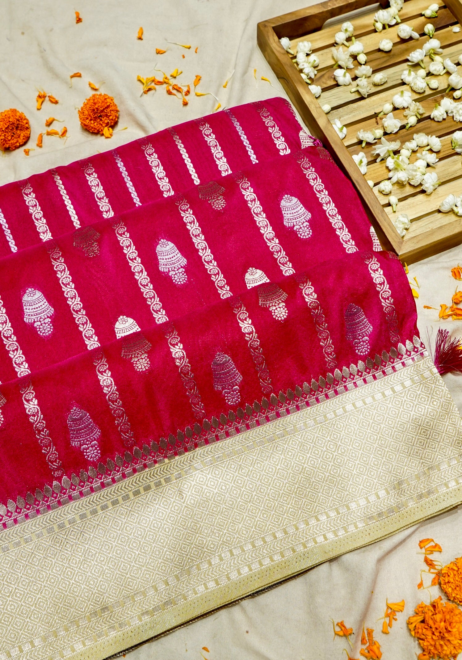 Rani Pink Bell Motifs Crepe Georgette Silk Saree with Champagne Border