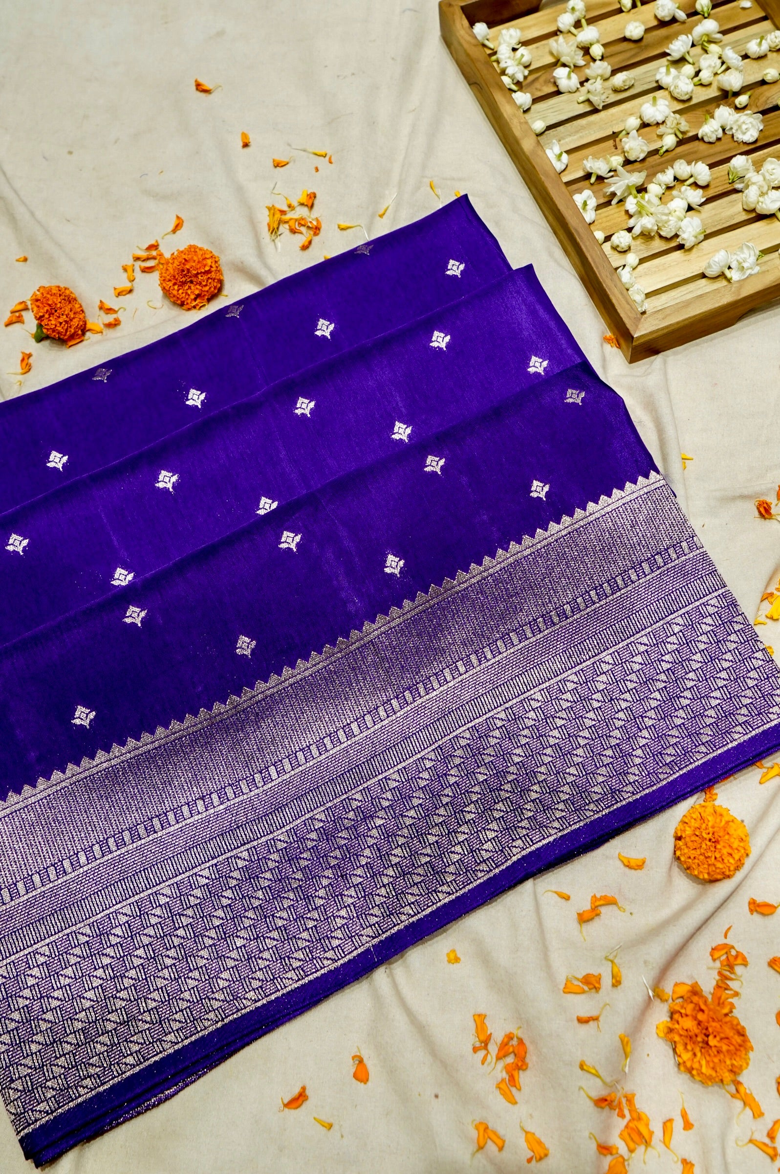 Imperial Violet Dupion Banarasi Silk Saree with Champagne Border