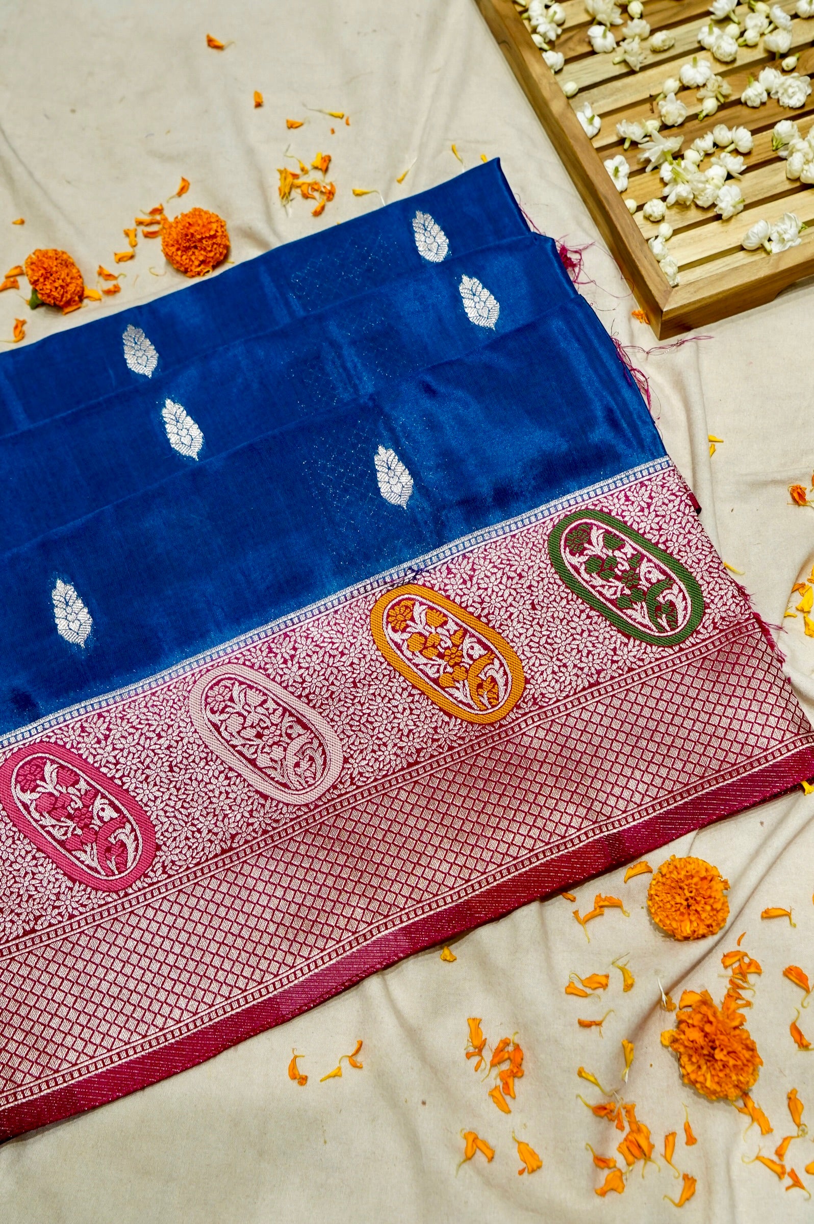 Cobalt Blue Dupion Banarasi Silk Saree with Rani Pink Border