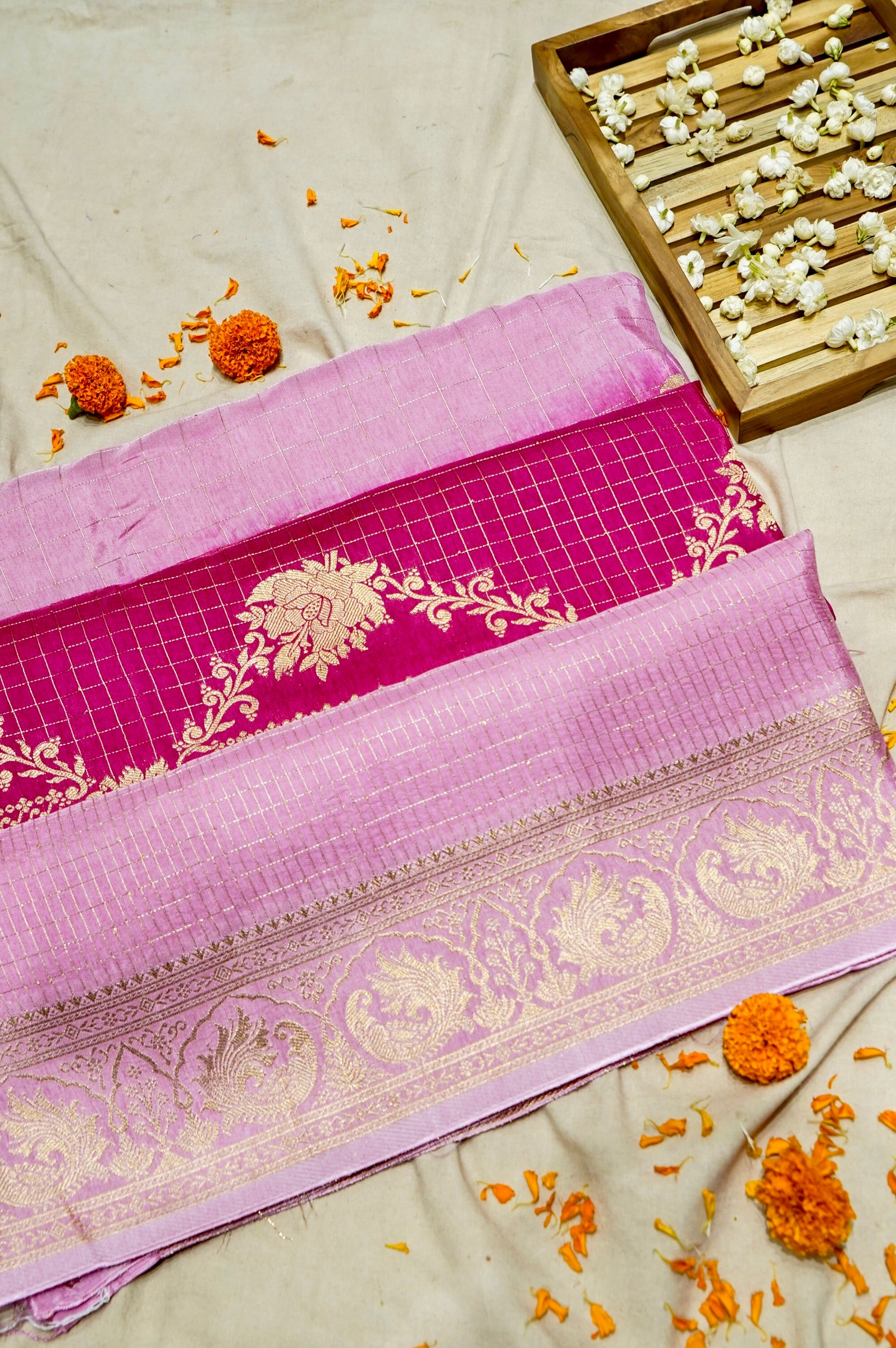 Blush Pink Dola Banarasi Silk Saree with Gold Zari Border