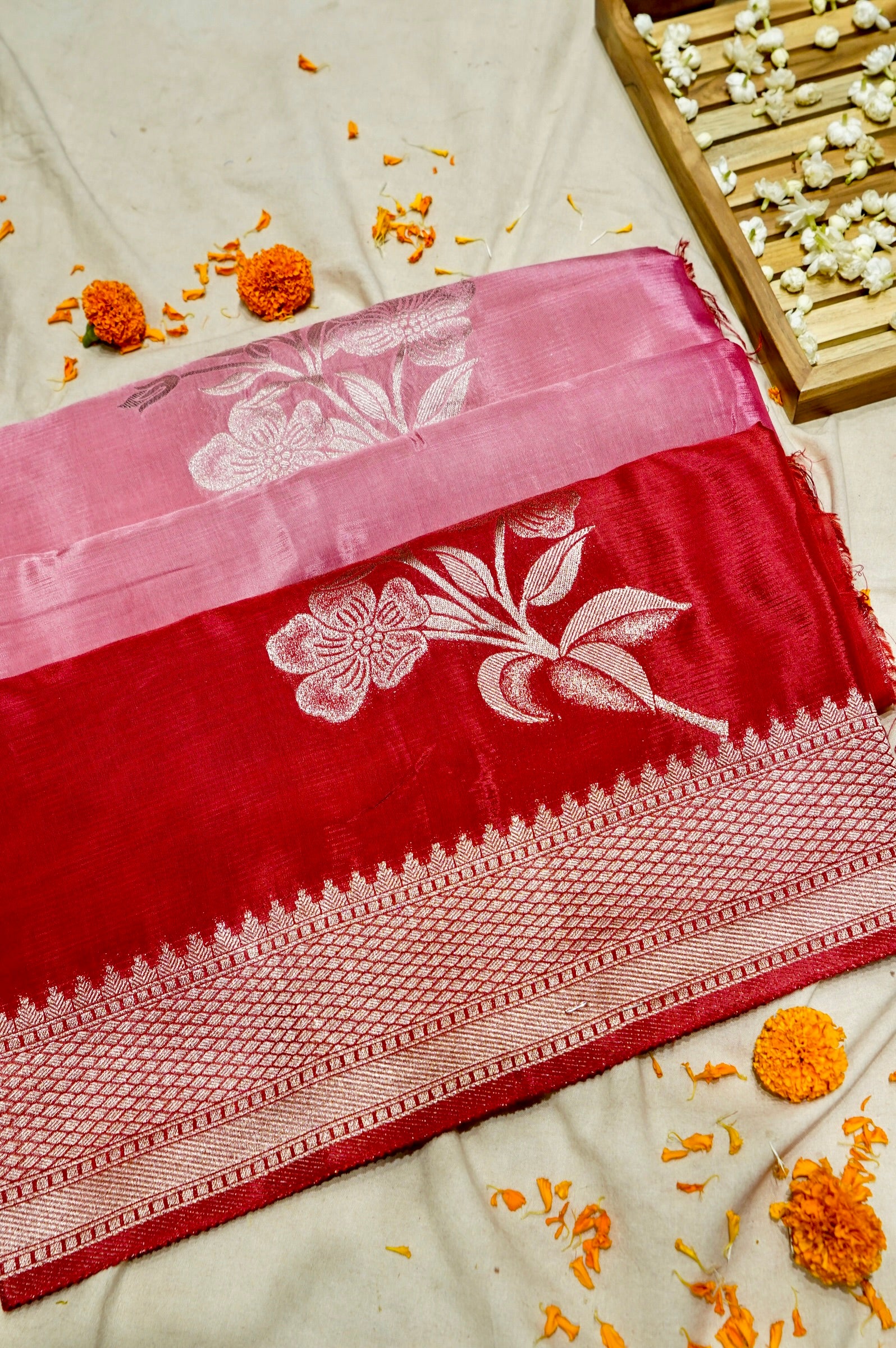 Blush Pink Crepe Silk Saree with Ruby Red Border