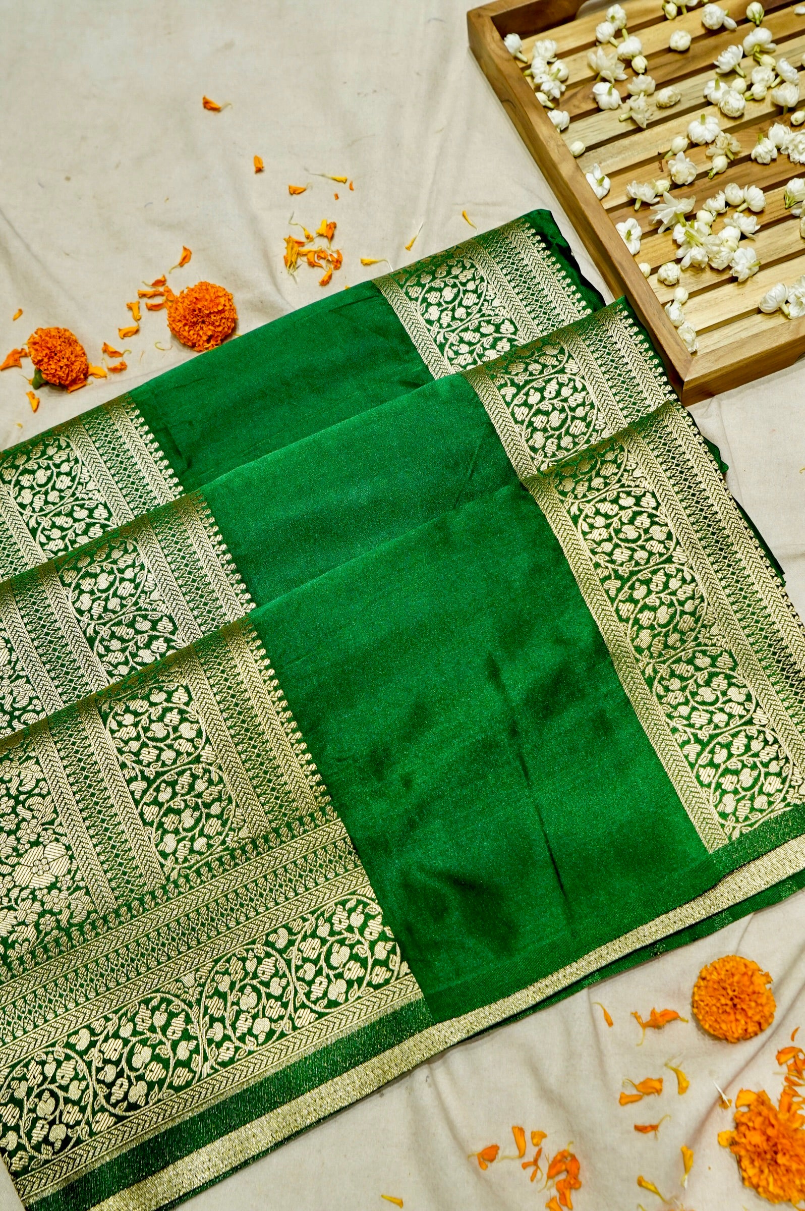 Emerald Green Dola Silk Saree with Gold Zari Border