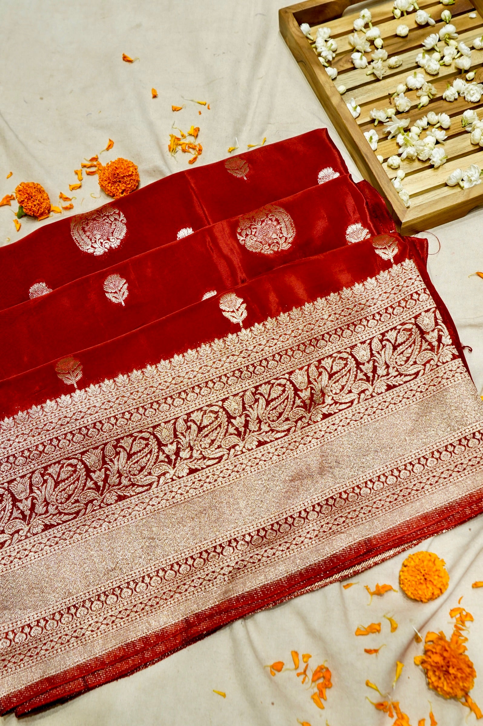 Crimson Red Mashru Silk Saree with Gold Zari Border