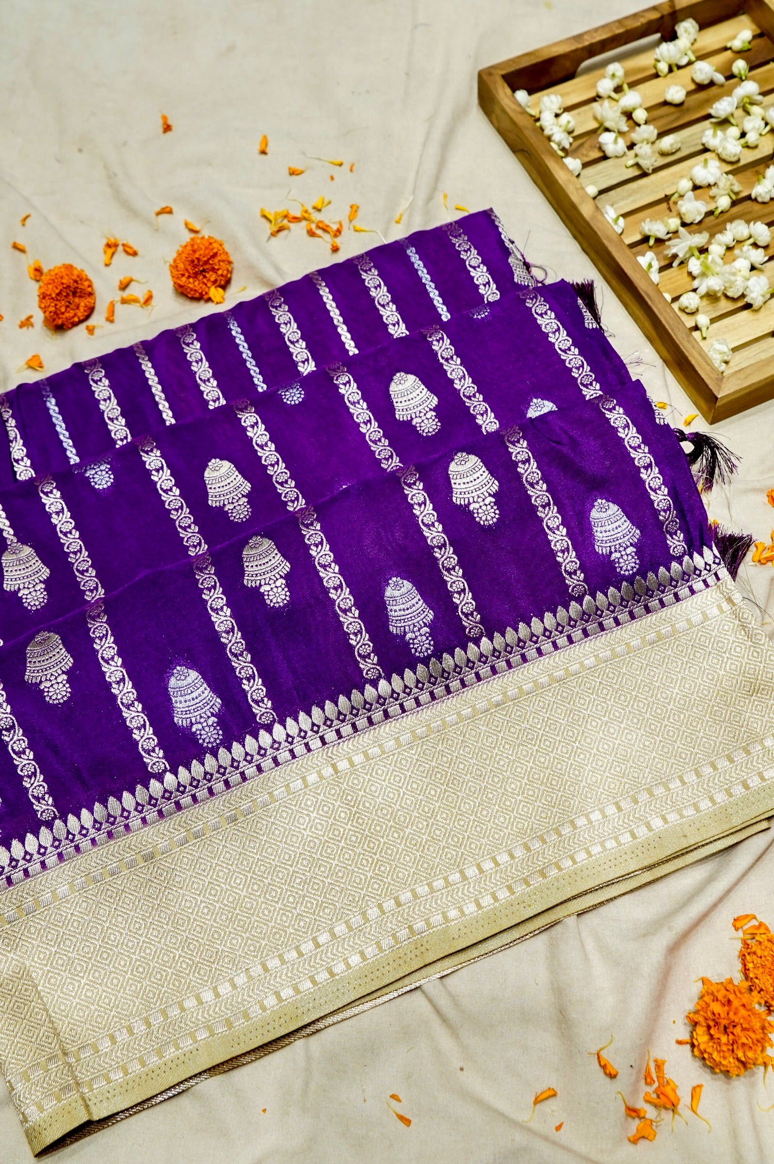 Royal Purple Bell Motifs Crepe Georgette Silk Saree with Champagne Border