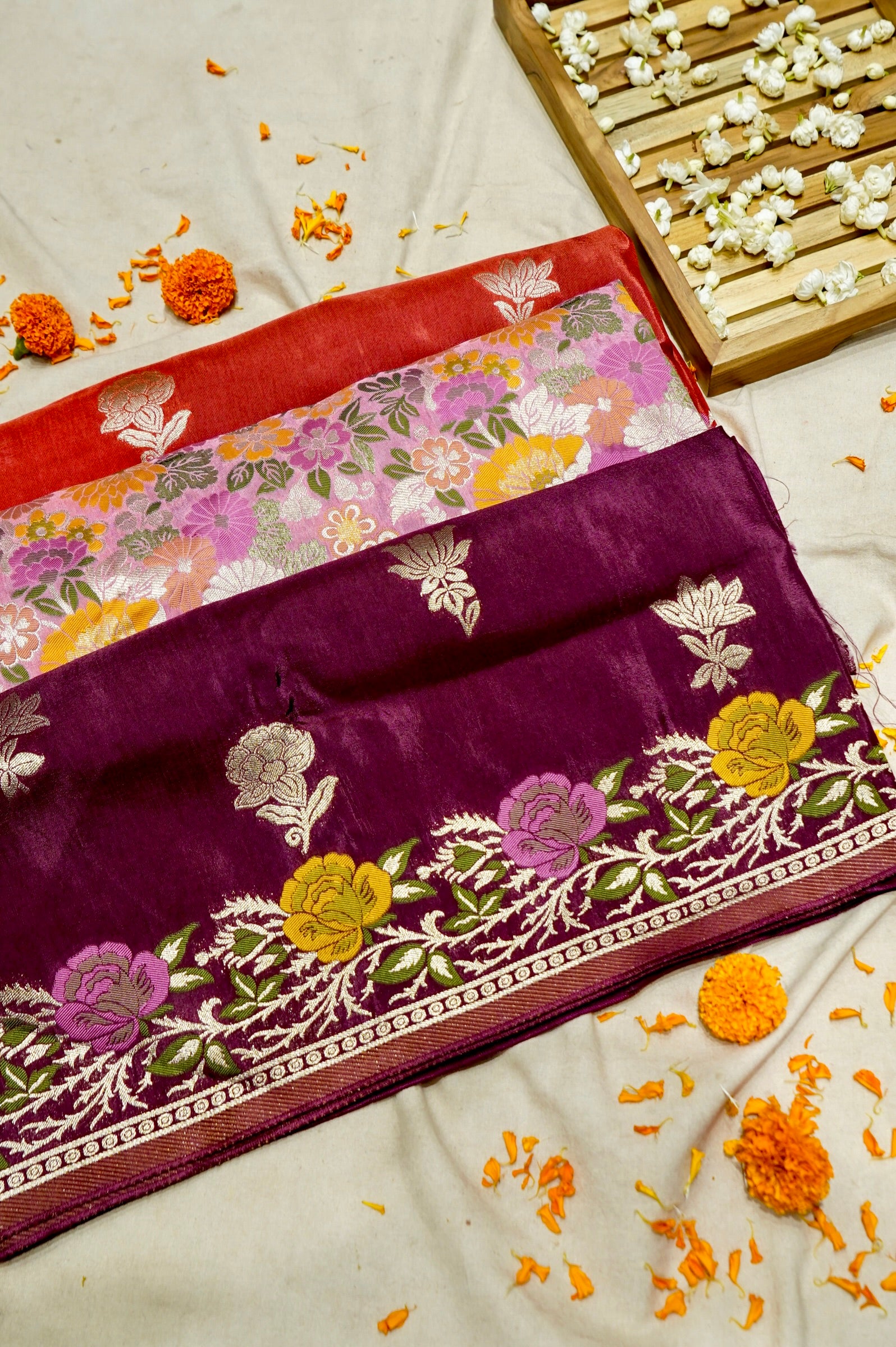 Wine Purple Dola Banarasi Silk Saree with Multicolor Floral Weaving
